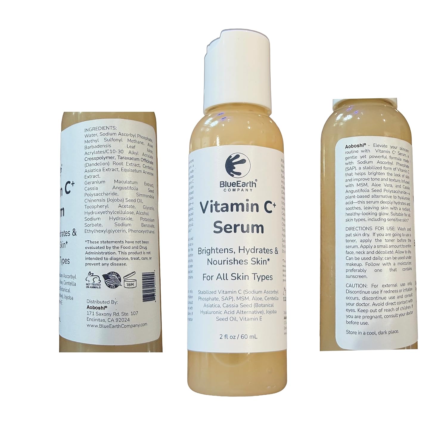 Vitamin C+ Serum for Sensitive Skin – With Sodium Ascorbyl Phosphate (SAP), MSM, Aloe, Centella, Hyaluronic – Brightens, Hydrates, Fades Dark Spots – Anti-Aging Face Serum – 2oz – BlueEarth Company