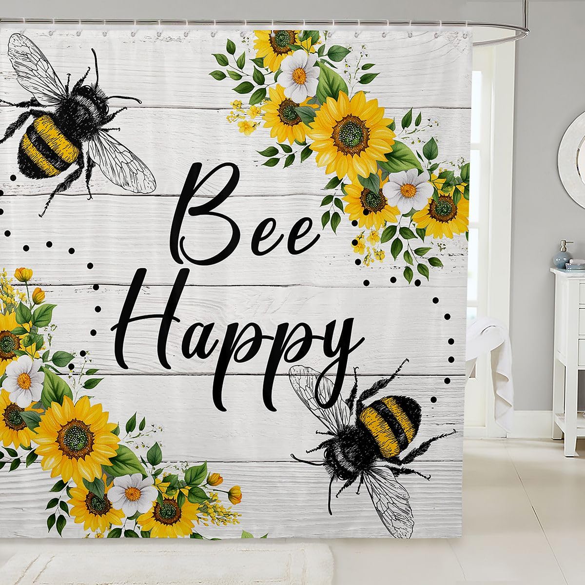 Bee Happy Shower Curtain Honeybee Sunflower Shower Curtain Set for Kids Toddler,Sunny Floral Flowers Bath Curtain Garden Plant Leaves Botanical Leaf