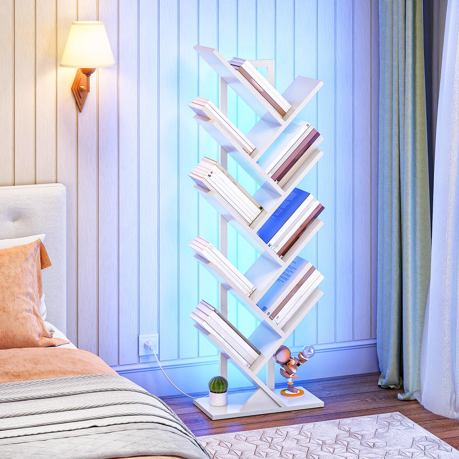 HOOBRO Librería en Forma de Árbol de 8 Niveles, Estantería Esquinera de Pie, Biblioteca Moderna con Marco de Metal para Libros, CDs, Salón, Dormitorio, Oficina, Blanco EWW08CDSJ01