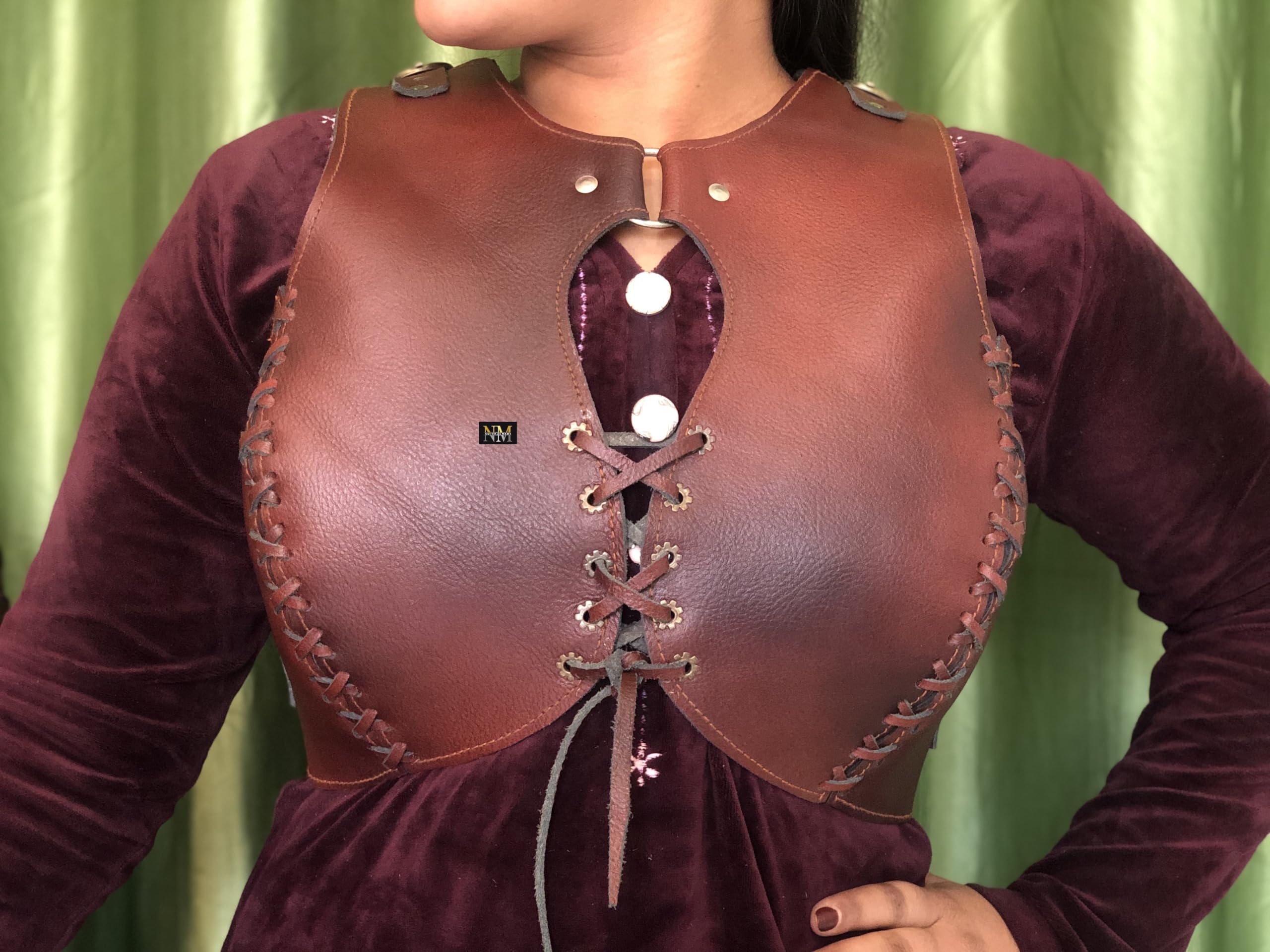 Medieval Leather Woman Brown Viking Chest Armor LARP Cosplay Lady Cuirass Armor Viking Halloween Costume (Red)