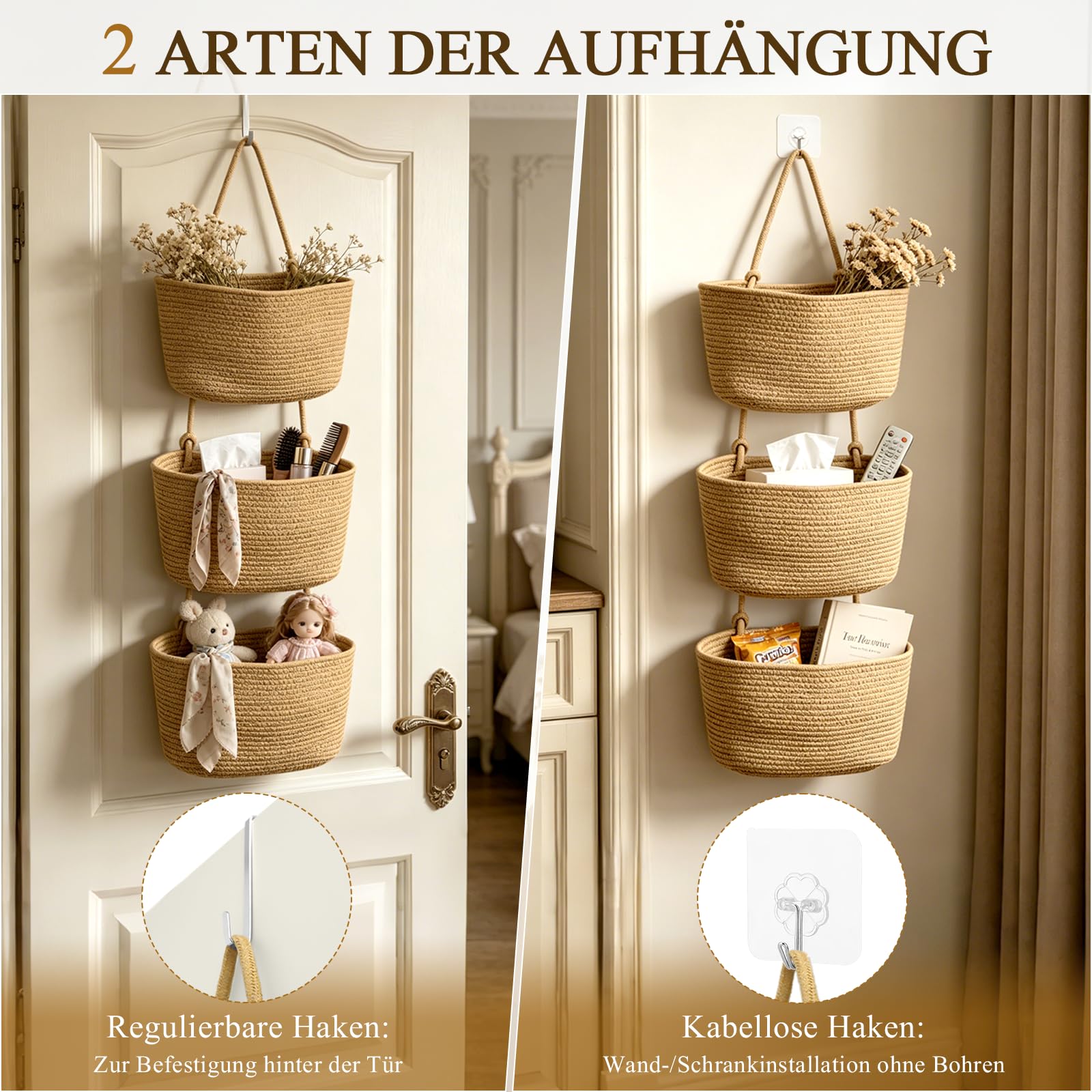 Tür Organizer hängend 4-stöckig, Khaki | Hängekorb aus Baumwollseil, Mit 4 Haken ohne Bohren, 2 verstellbare Cliphaken, Für Küche, Bad, Schlafzimmer