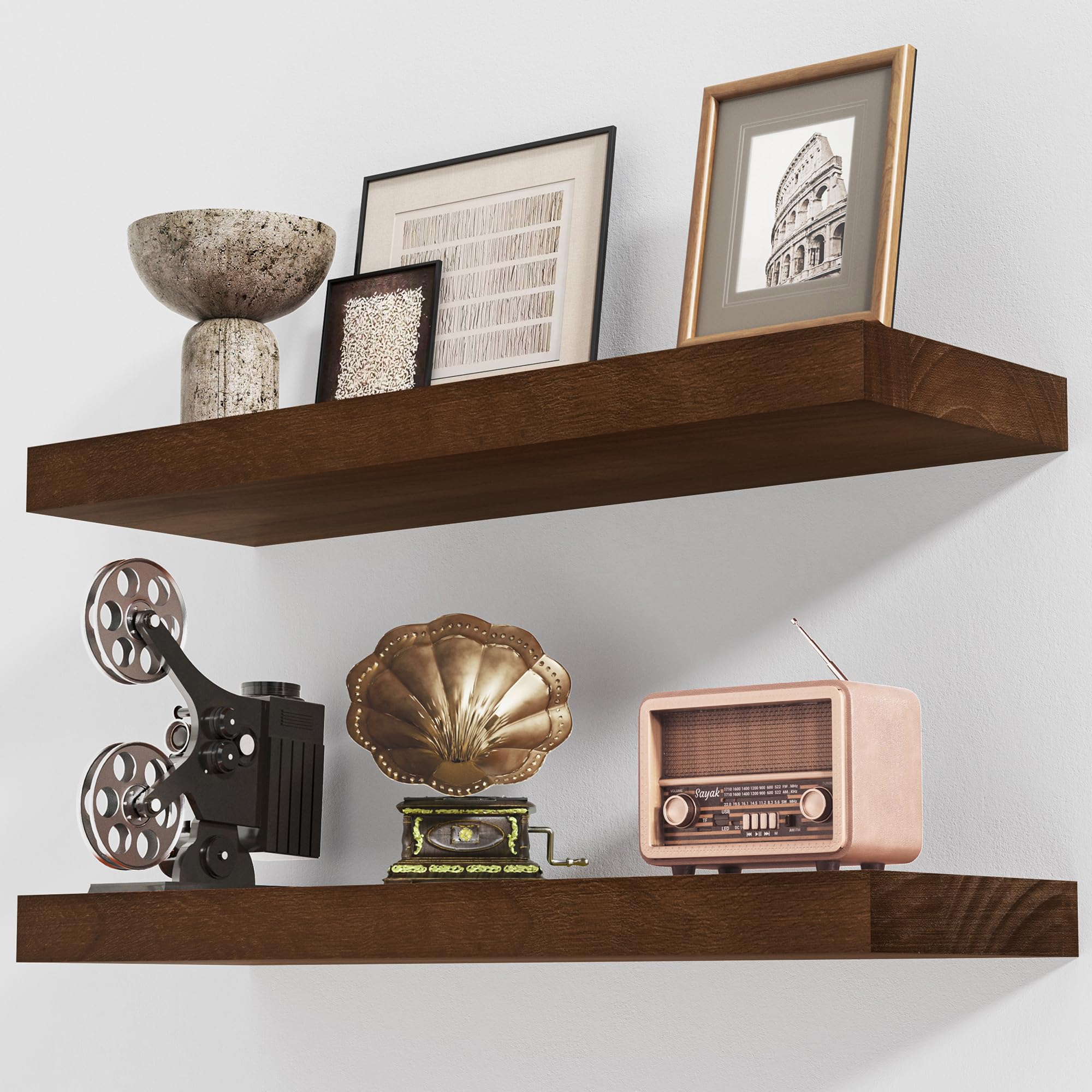 Axeman Floating Shelves, 2 Pack 8 Inch Deep Rustic Solid Wood Wall Shelves for Storage, Wall Mounted Display Shelving with Invisible Heavy-Duty Metal