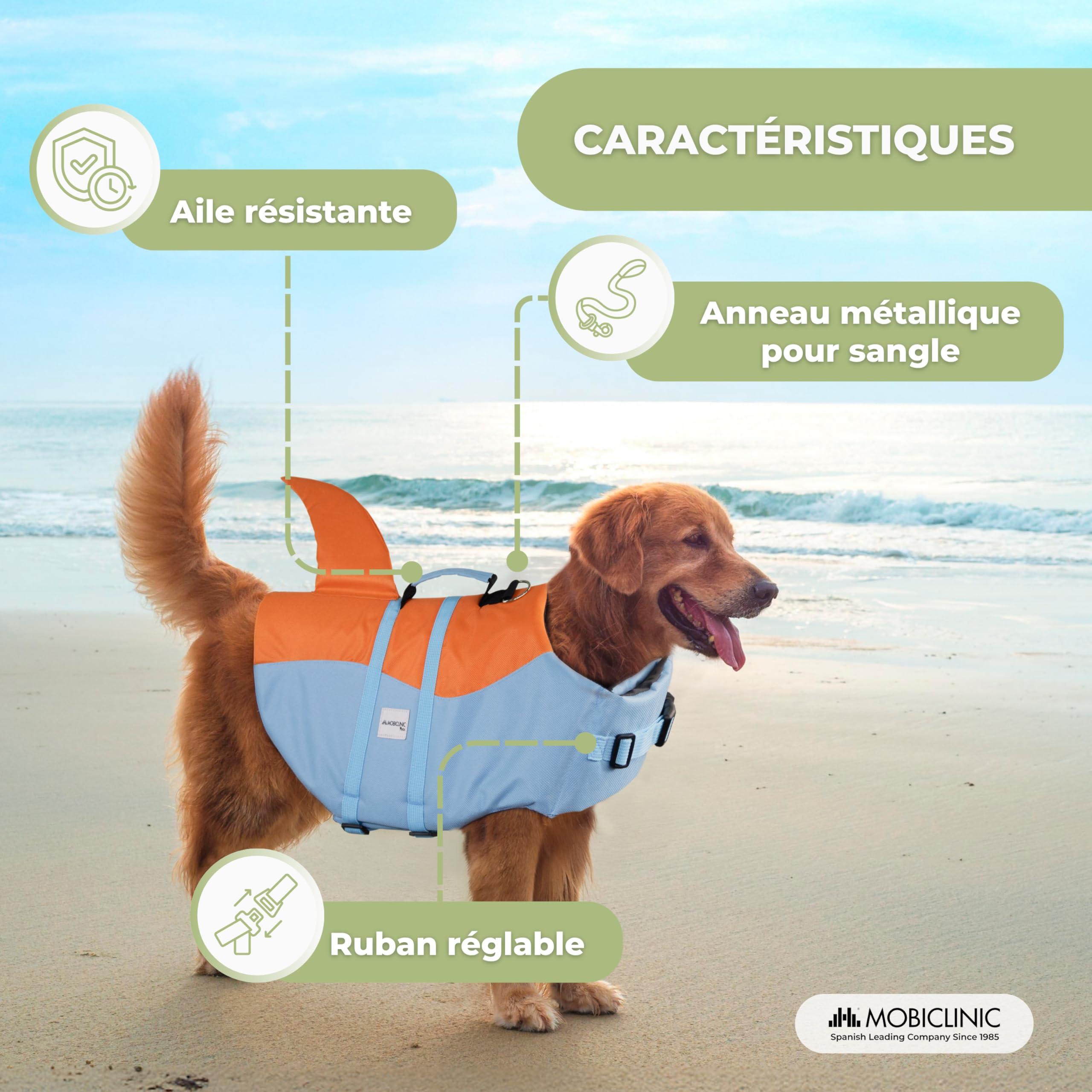 Mobiclinic®, Gilet de Sauvetage Chien, Design Aileron de Requin, Poignée de Sauvetage, Harnais Réglable, Anneau de Laisse, Flottabilité et Visibilité Élevées, Sharky, Léger, Natation, Surf, Voile (XL)