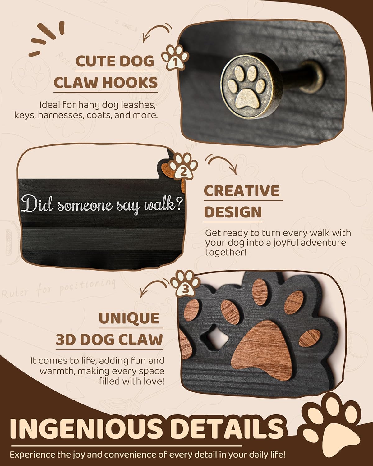 小型・中型犬のいるお庭や玄関に！ドッグポール・リードフックの活用方法と選び方 | アイディアいっぱいお庭ブログ MTERSN ファームハウス 犬用リーシュホルダー 壁用 - 装飾キーフック 壁マウント 犬の足形と6つのユニークな3Dフック -