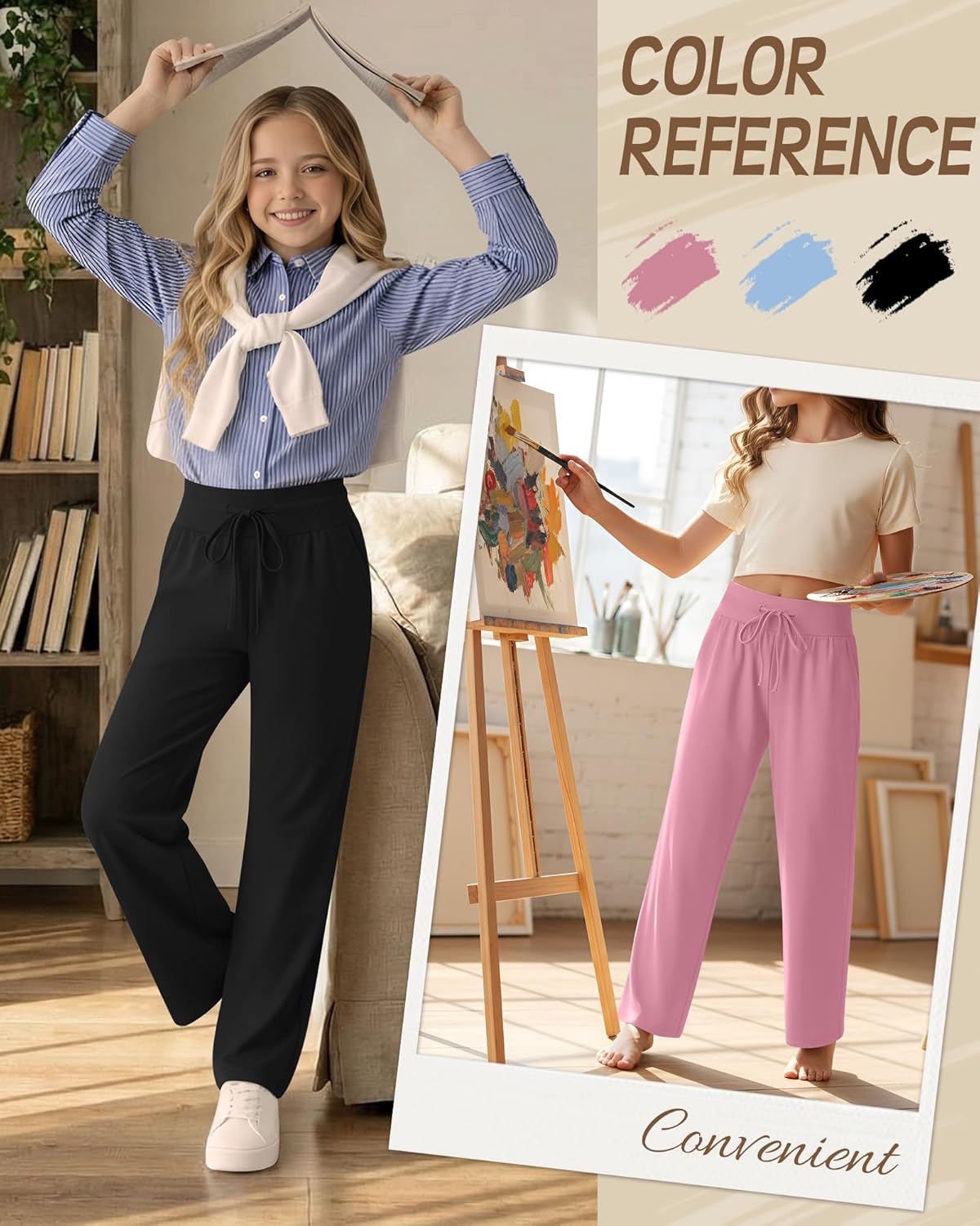 3 Pack Girls Pants Casual Wide Leg Baggy Yoga Trousers Kids Loose Sweatpant Open Bottom with Pockets 5-14y