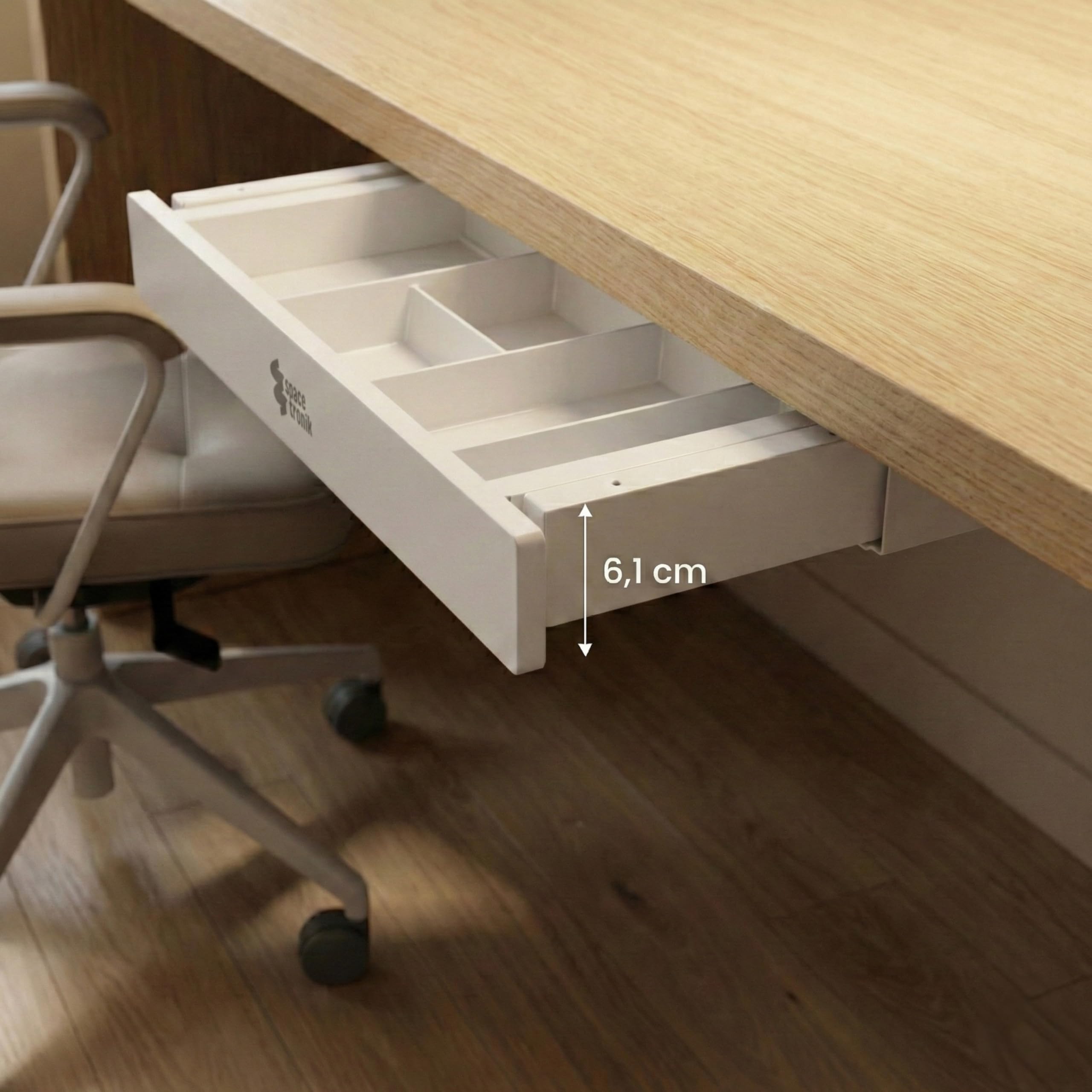 Spacetronik Cassetto sotto scrivania bianco, cassetto sottopiano con 5 scomparti, robusto cassetto inferiore, 718 x 230 x 61 mm, portata 5 kg, per ufficio, home office
