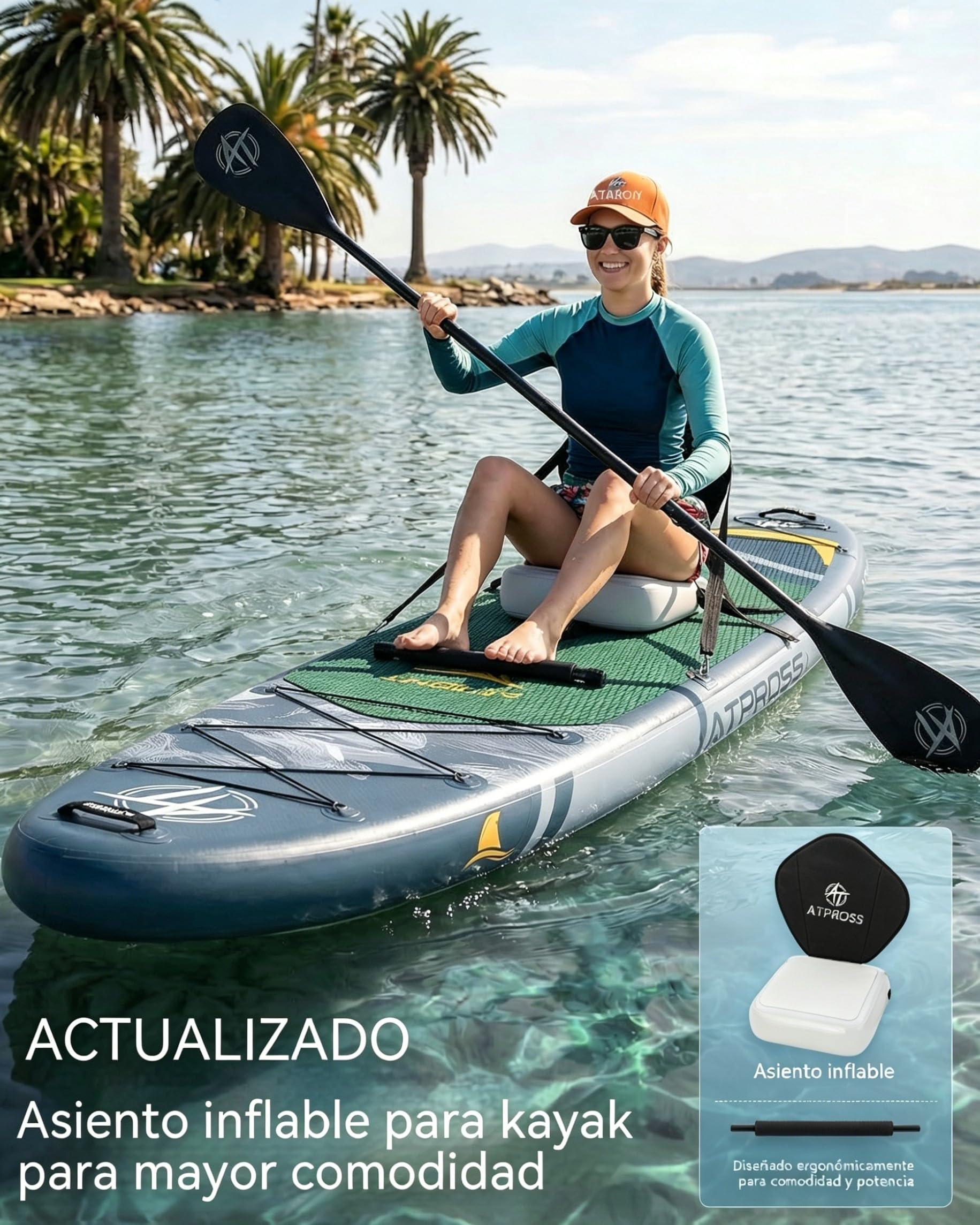 Tabla de Paddle Surf Hinchable con Asiento de Kayak y Accesorios, 366x92cm Sup Extra Ancha y Estable, Carga 240kg, Kayak Hinchable para 2 Personas, Ideal para Yoga, Pesca y Surf