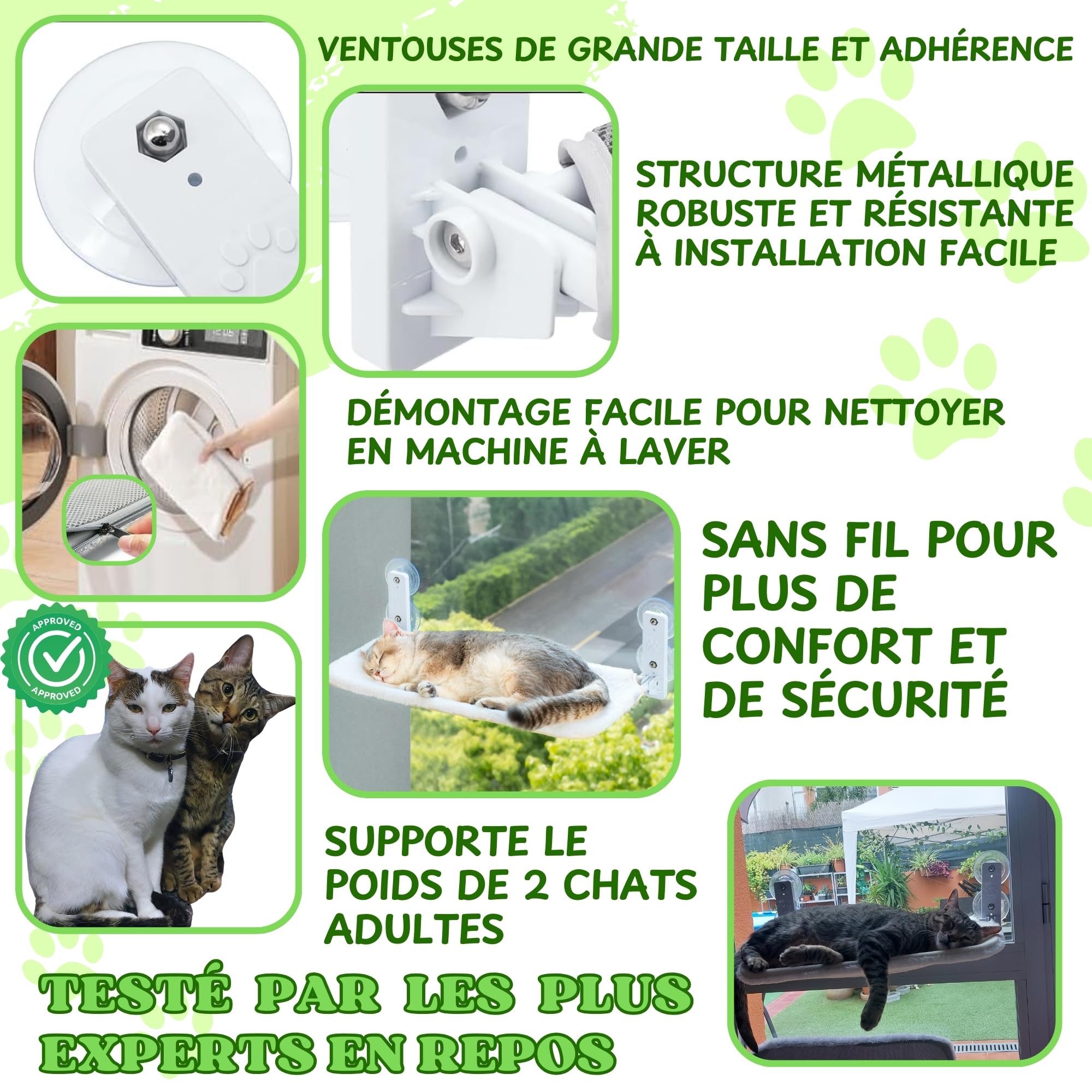 Hamac Chat Fenetre Pliable Lit pour Chat avec des Ventouses Stables Tapis réversible avec Jouet Inclus Code QR avec Instructions et vidéo de Montage