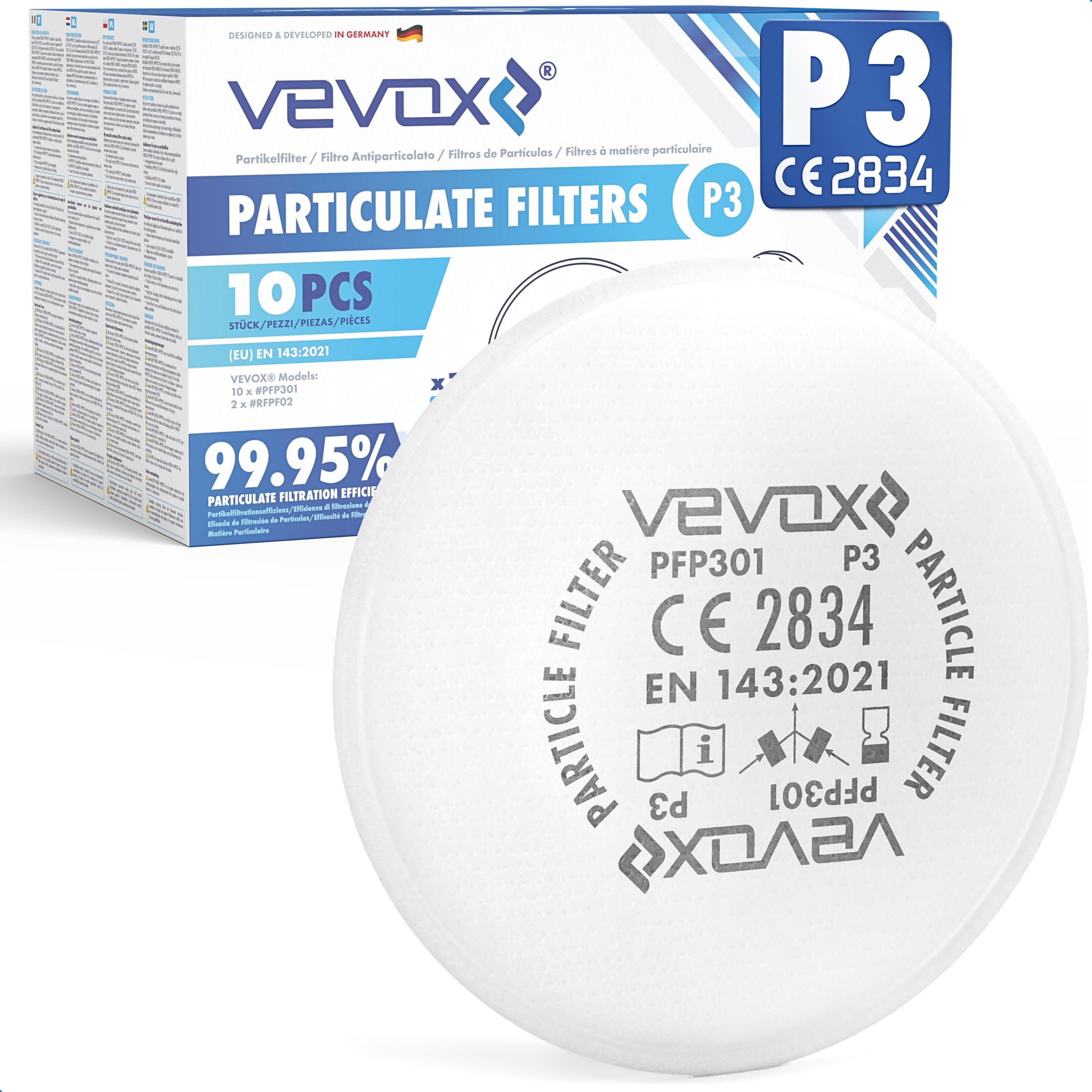 VEVOX® P3 Filtre à Particules en Set de 10 - Protection Contre Les Particules & aérosols - 99,5% d'efficacité de Filtration des Particules & aérosols (0,6μm) - 2 x conteneurs en Plastique Inclus