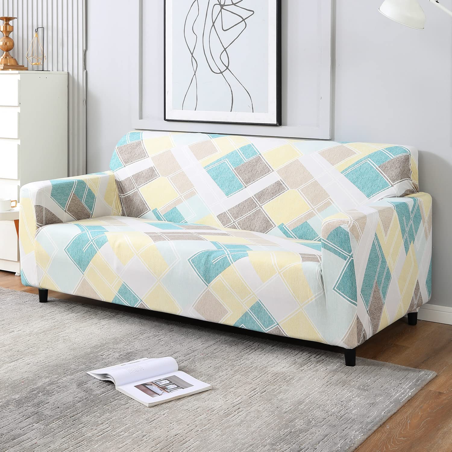 HOKIPO Polyester, Spandex Elastic Stretchable Triple Seater Sofa Cover (AR-4095-D21) Pastel Diamond