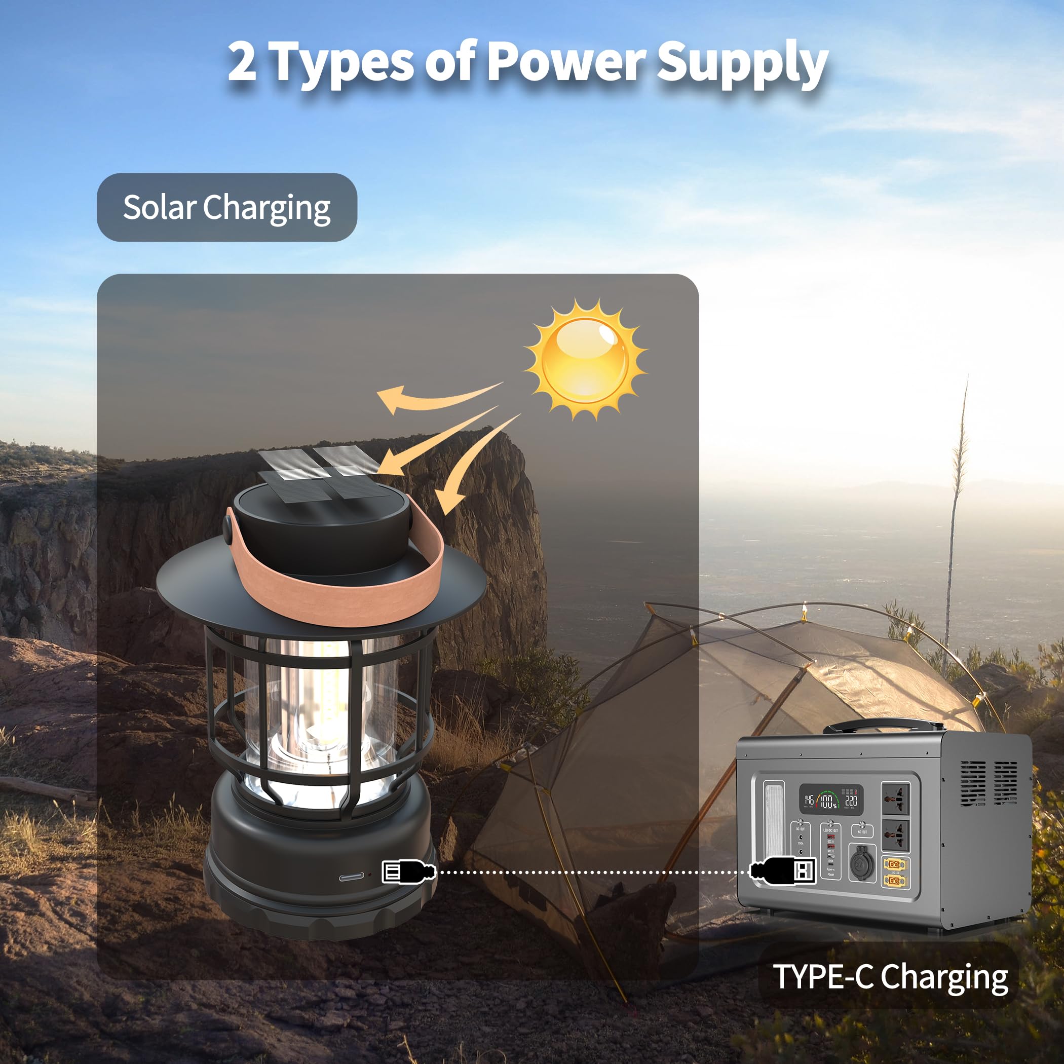 Lámpara solar para acampada, luz de acampada para exteriores resistente al agua y recargable por USB, linterna LED portátil para actividades al aire libre, pesca, acampada y senderismo.