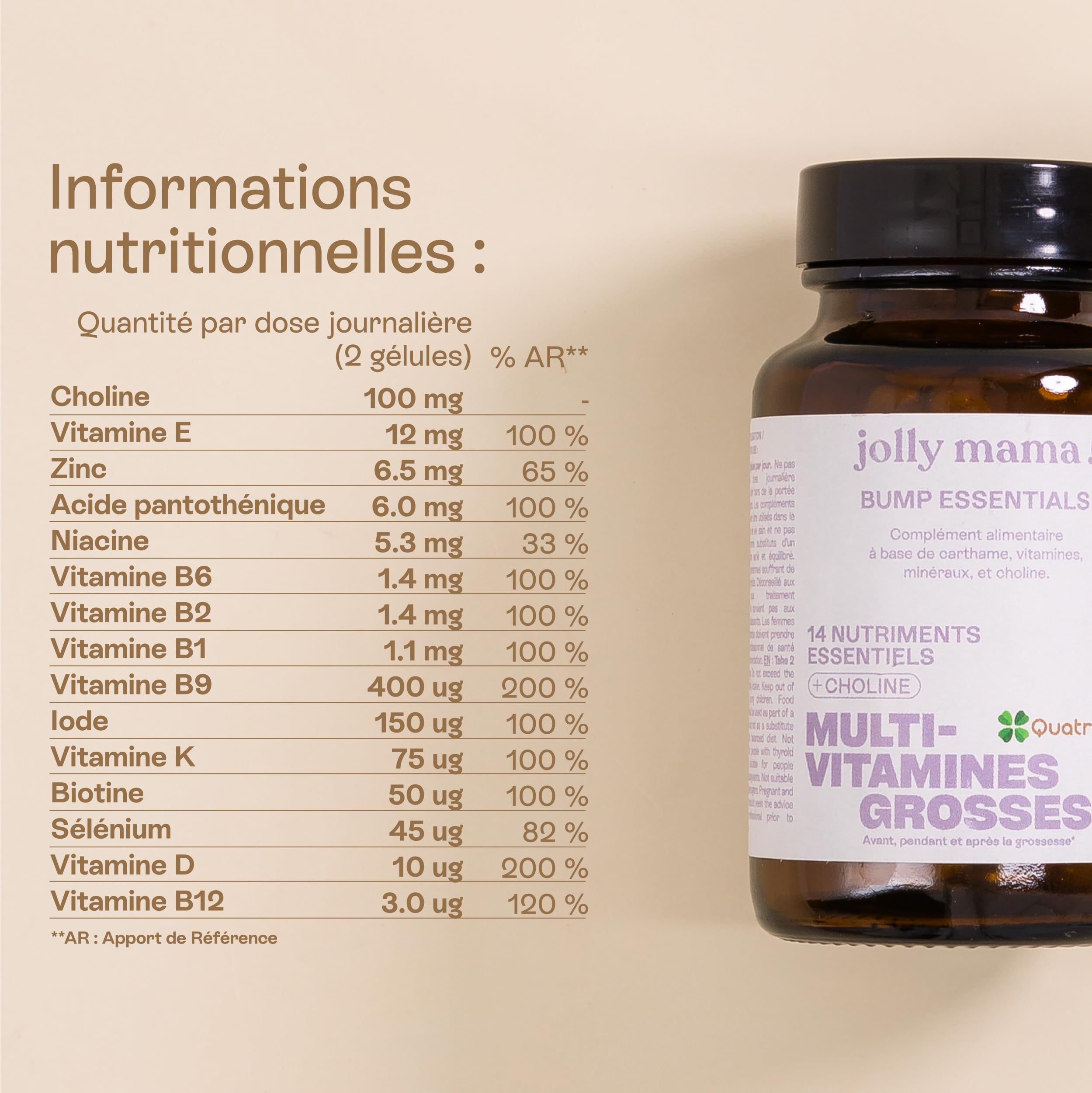 Jolly mama! Bump Essentials | Multi-Vitamines Grossesse | Avec Choline et Vitamine B9 Active Quatrefolic | Fabriqué en France | 100% Vegan I Cure 1 Mois, 60 Gélules