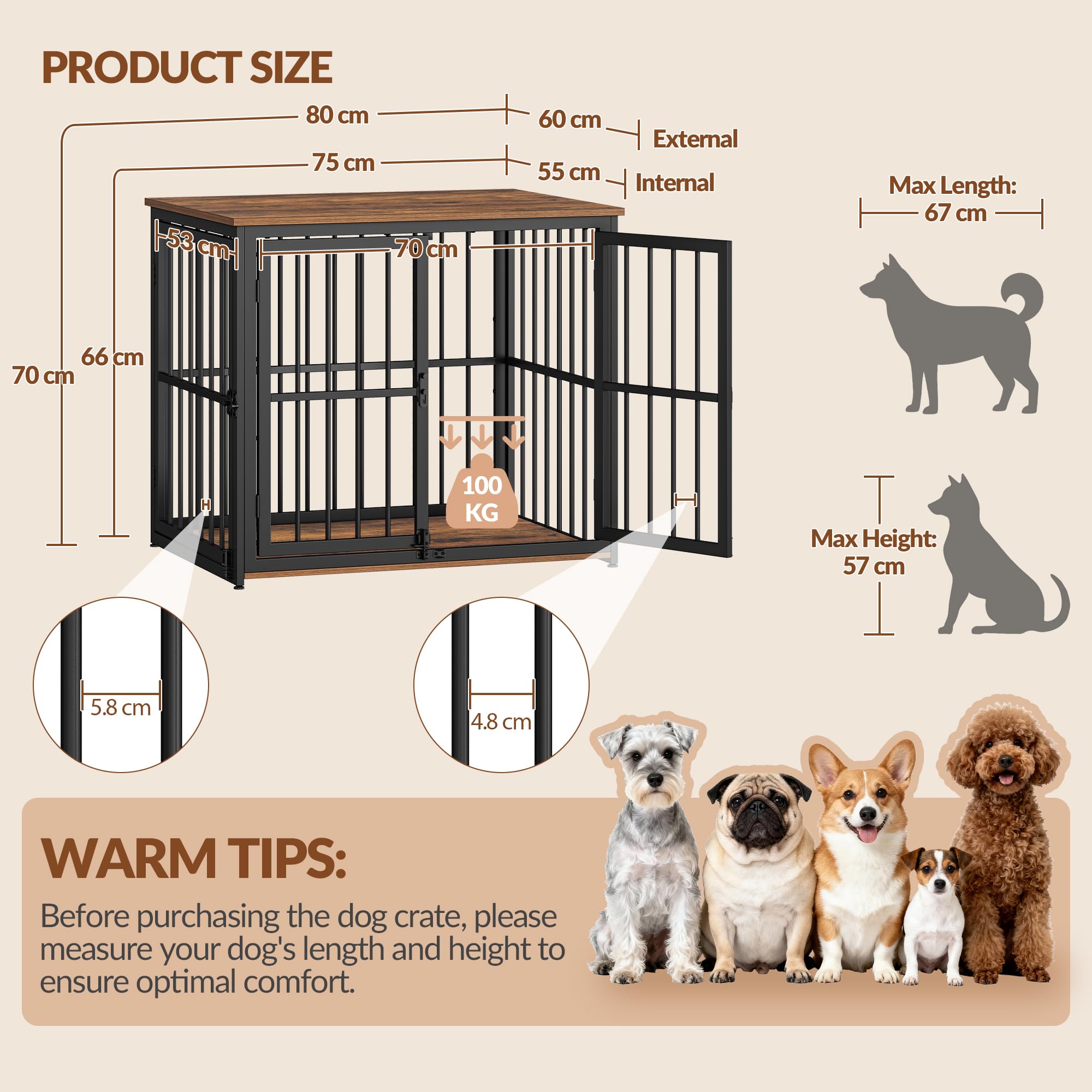 Jaula para Perros, 80cm Jaula Mueble para Perro con 3 Puertas, Casa Madera Perro, Mesa Auxiliar, Perros Pequeños y Medianos, Casa Interior Perros, 80 x 60 x 70 cm, Marrón Rústico y Negro