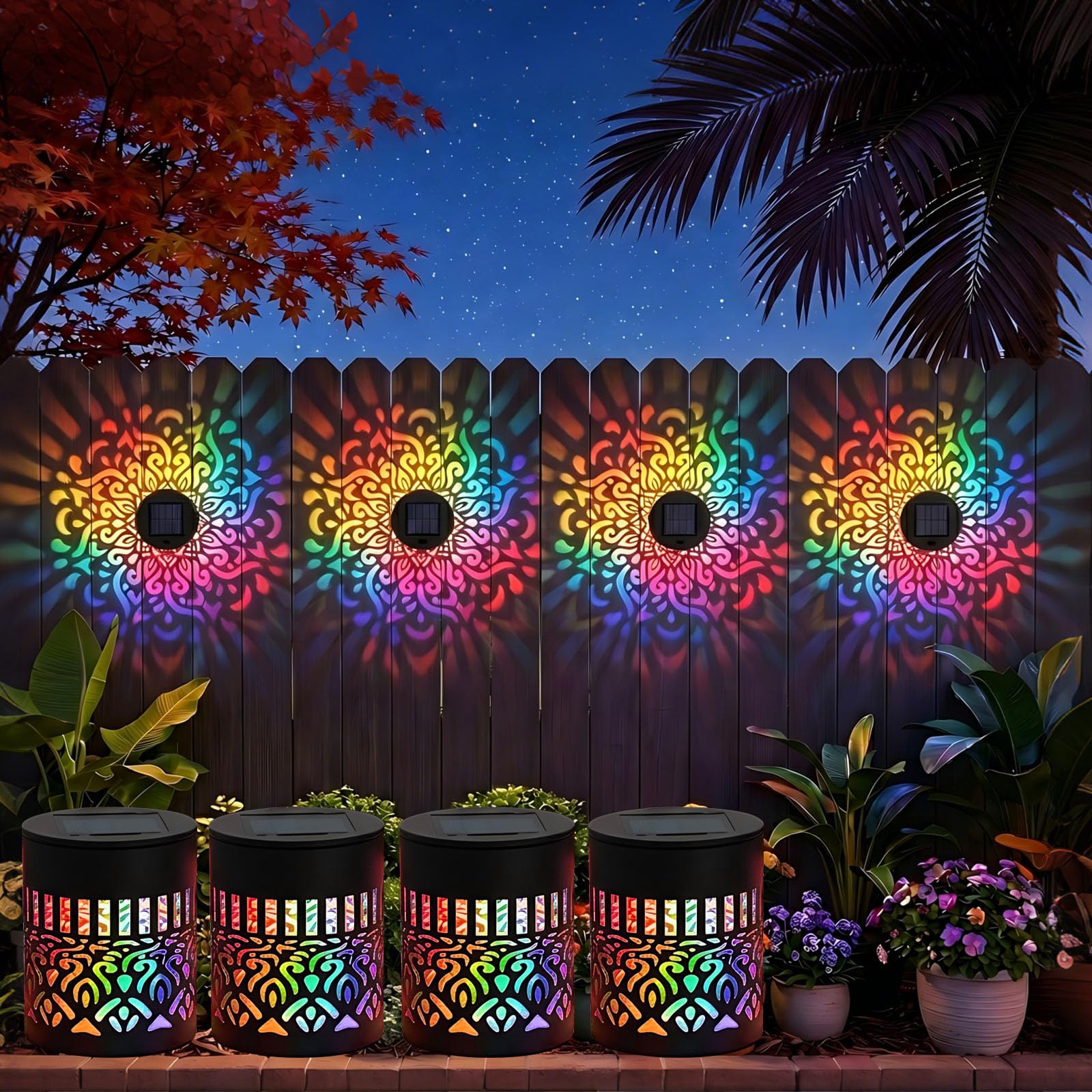 Wekity Solar Mandala Wall Lights, 7 Colour-Changing Outdoor Solar Lantern, Waterproof Garden Fence Lights for Patio Yard/Pathway/Backyards/Balconies (4 Pack)