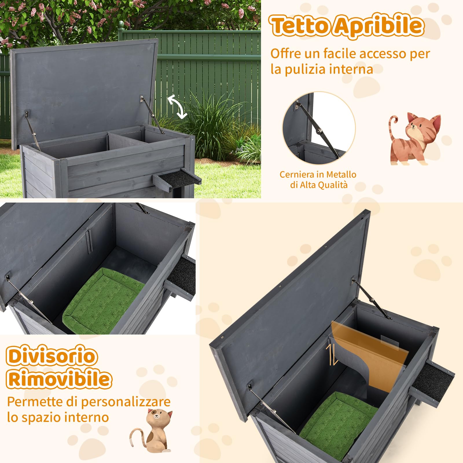 COSTWAY Cuccia per Gatti da Esterno Inverno, Cassetta per Gatti Impermeabile in Legno con Isolamento in Schiuma, 2 Comparti Spaziosi, Tetto Apribile in Asphalt e Porta, 88 x 55 x 71 cm (Grigio)