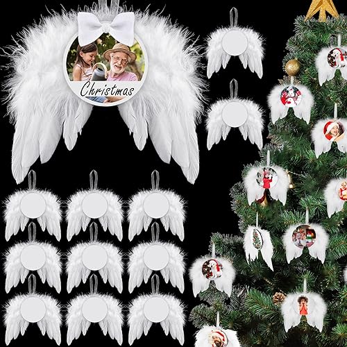 Miniatura 7 de Adorno navideño para colgar con alas de ángel blancas, decoración colgante de plumas con sublimación en blanco para árbol de Navidad, manualidades,
