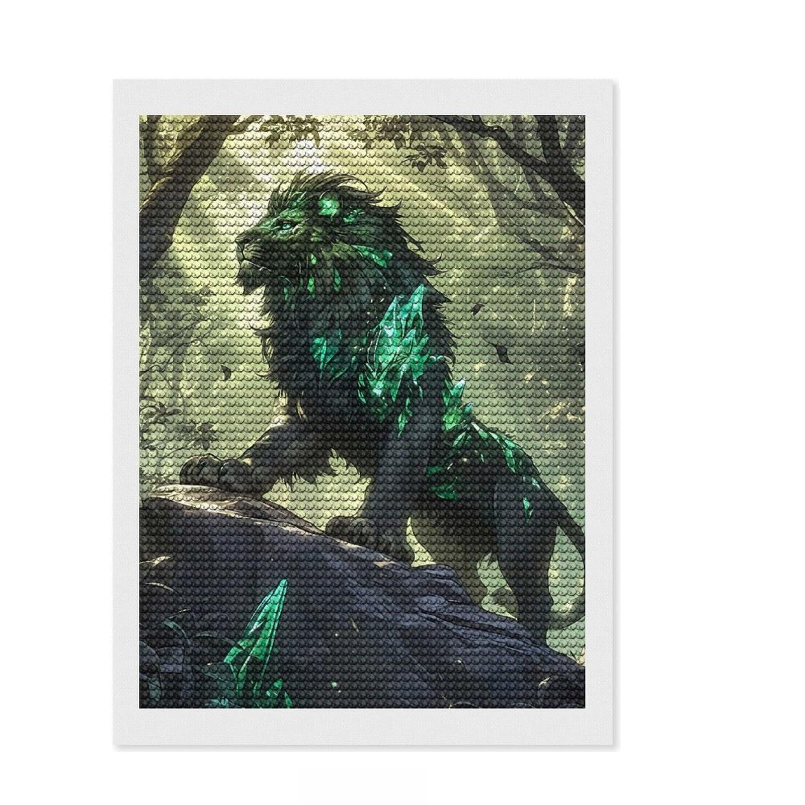 Junmoney Majestic Emerald Lion Round Drill Diamond Painting 12"x16", for Teens, Good for Quiet Evenings, Aesthetic Room Decor, Holiday Gift Idea