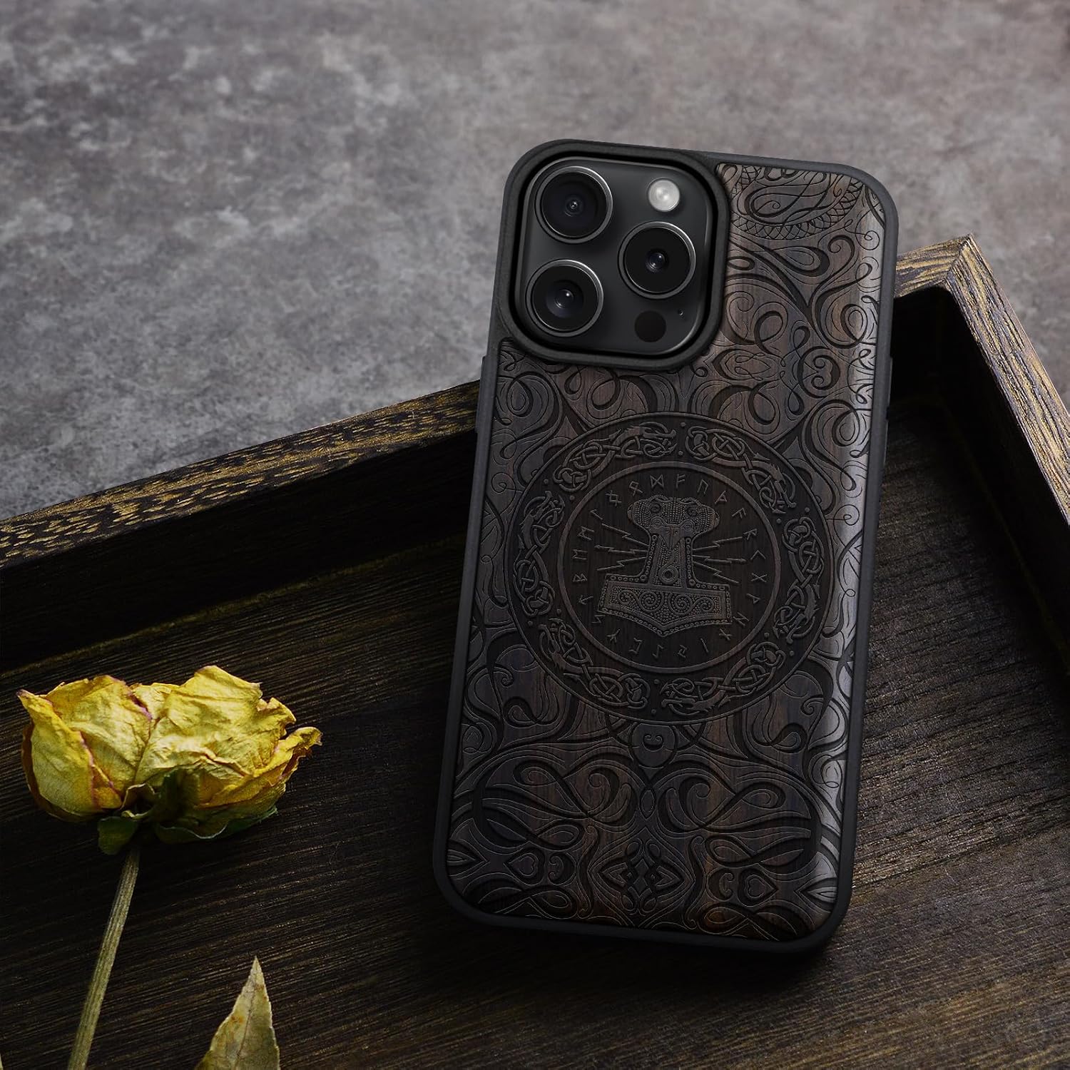 Carveit Magnetic Wooden Case for iPhone 16 Pro Max Case, Wood Artisan Engraved & Black Soft TPU Shockproof Cover, Compatible with MagSafe Wireless Chargers (Mjolnir Serpent Lore) Blackwood