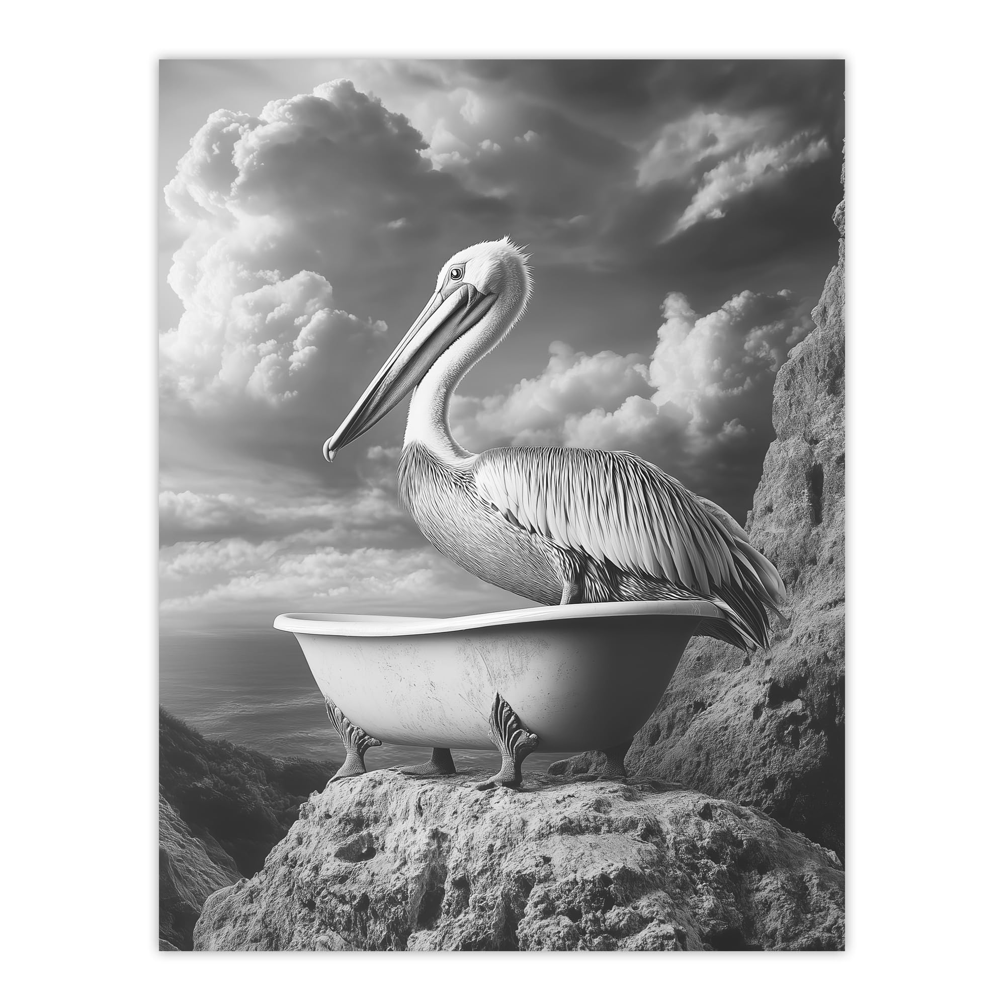 Artery8 Pelican Bird in Bathtub Black White Cliff Surreal Bathroom Toilet Extra Large XL Wall Art Poster Print