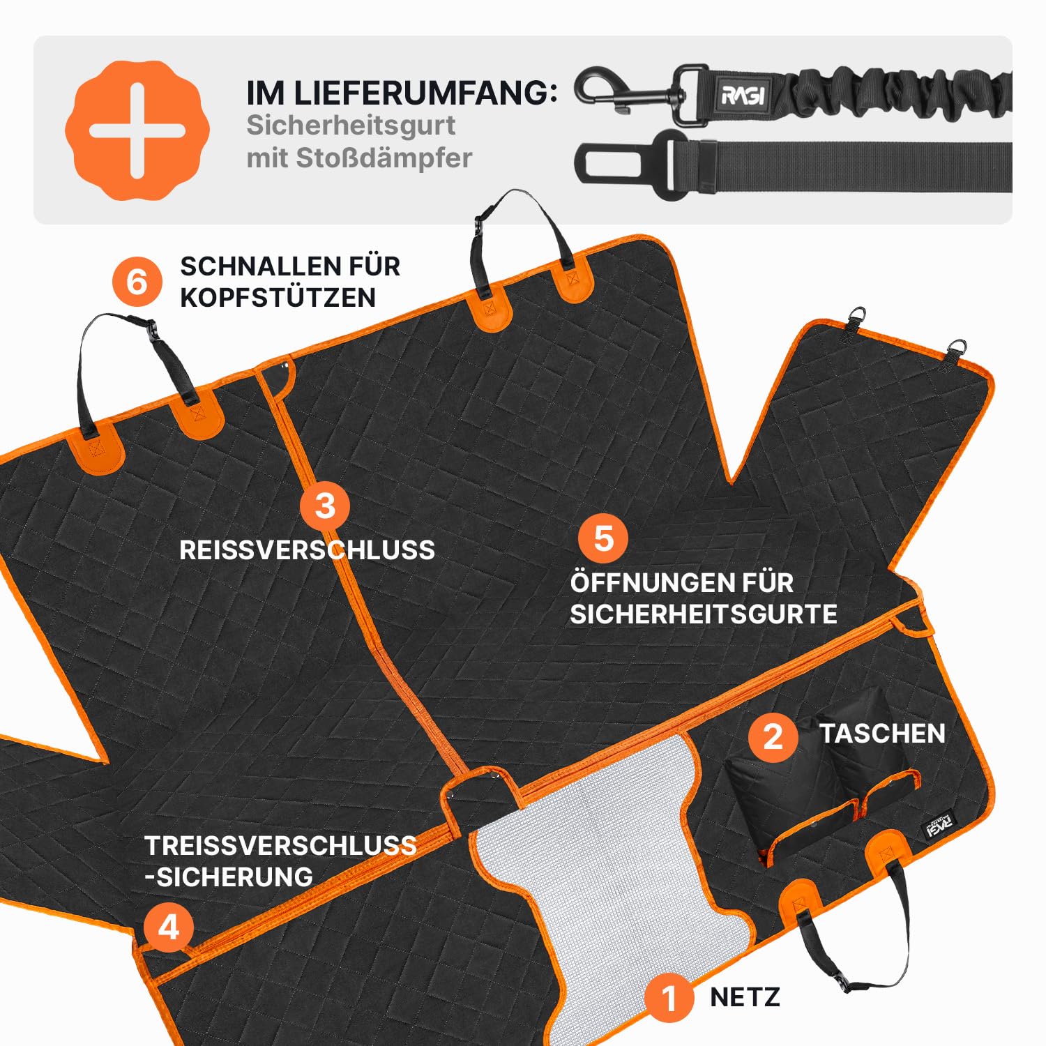 RAGI Hundedecke Auto Rückbank 4in1 - Wasserdicht Autoschondecke Hund Rücksitz - Teilbar Hundematte Auto mit Anschnallgurt - Kratzfeste & rutschfest Autodecke Hund Rücksitz für Alle Autos