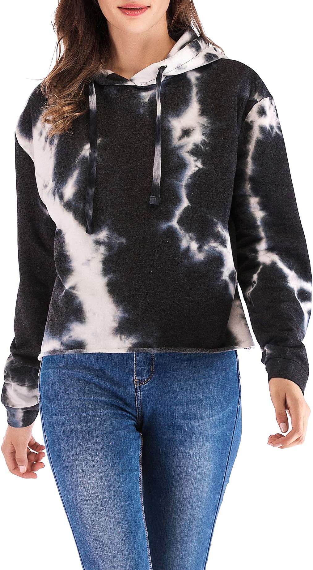 Eanklosco Women's Hoodies Pullover Drawstring Tie Dye Long Sleeve Black L