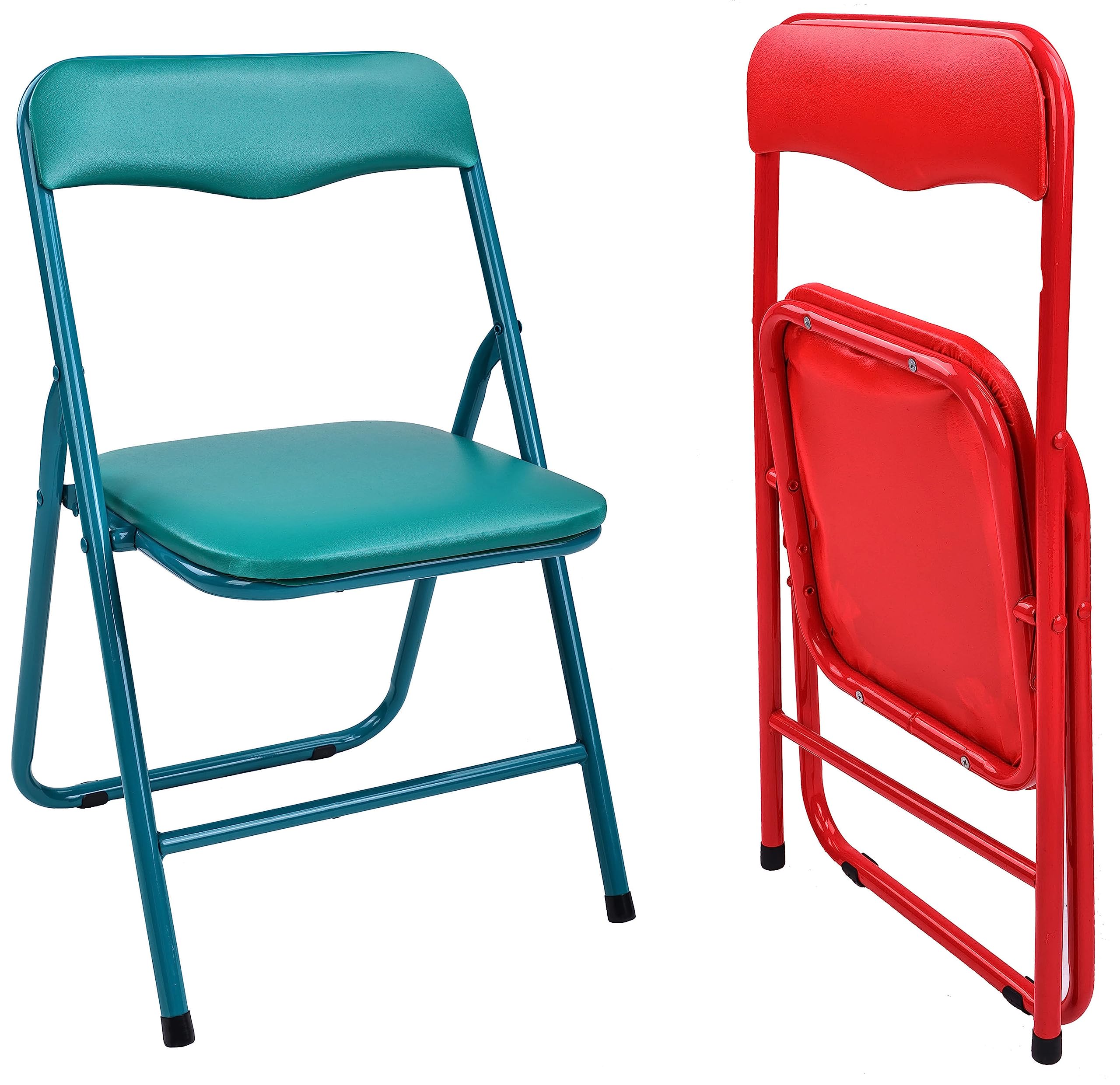 Pack of 2 (Fabric/Vinyl) Steel Frame Metal Foam Padded Folding Chairs for Kids, Green and Red