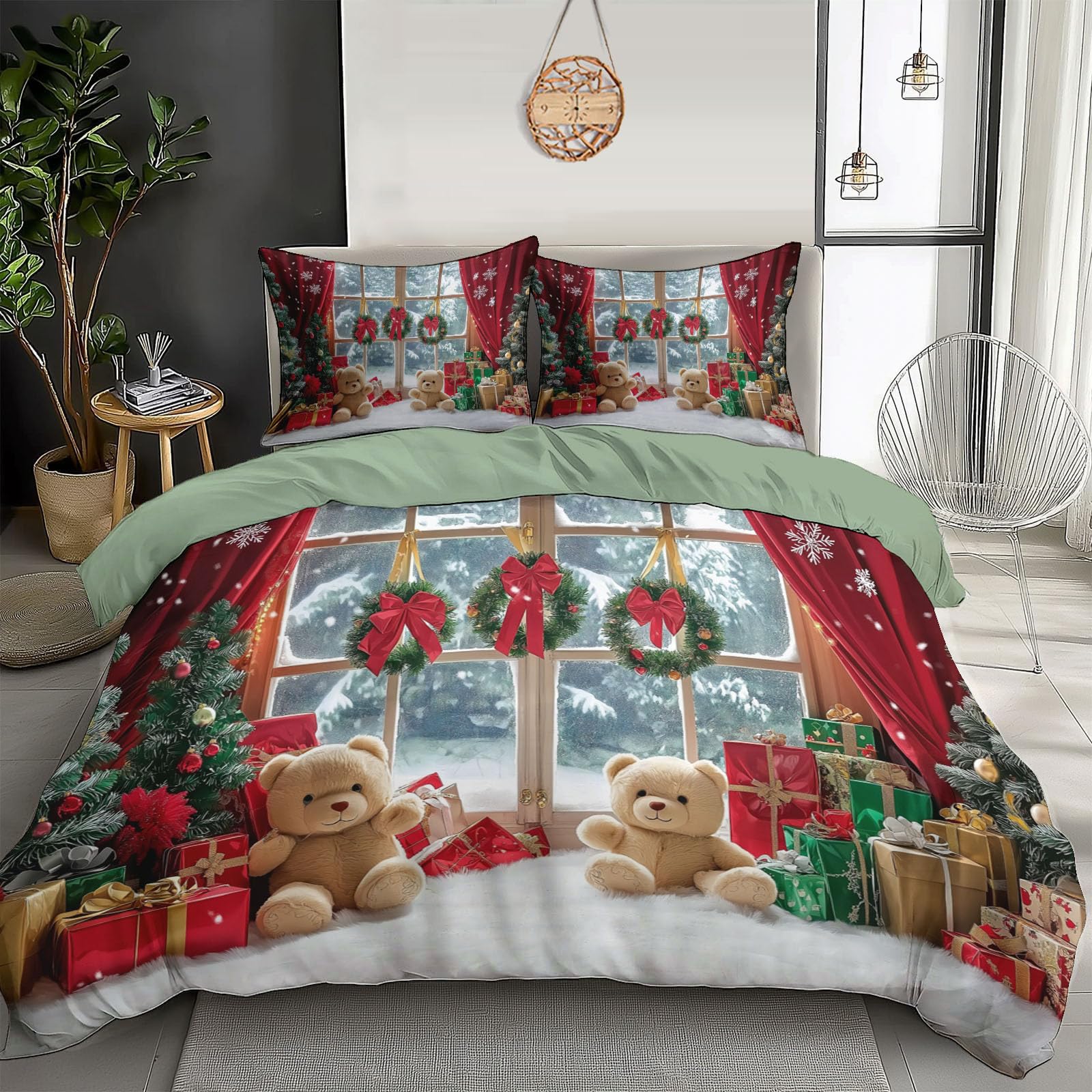 Housse de couette Noël parure de lit enfant douceur ours et cadeaux