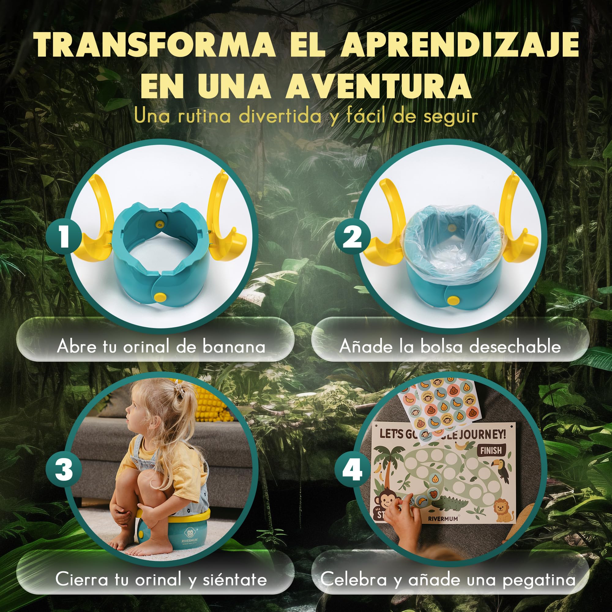 RIVERMUM® Kit Orinal Portatil Niños Plegable Banana XL, Orinal Infantil Pórtatil para viajes o casa, WC Inodoro portatil Niños, Potty Training, Incluye Bolsas, Pegatinas y Cacalendario (VERDE) - 5