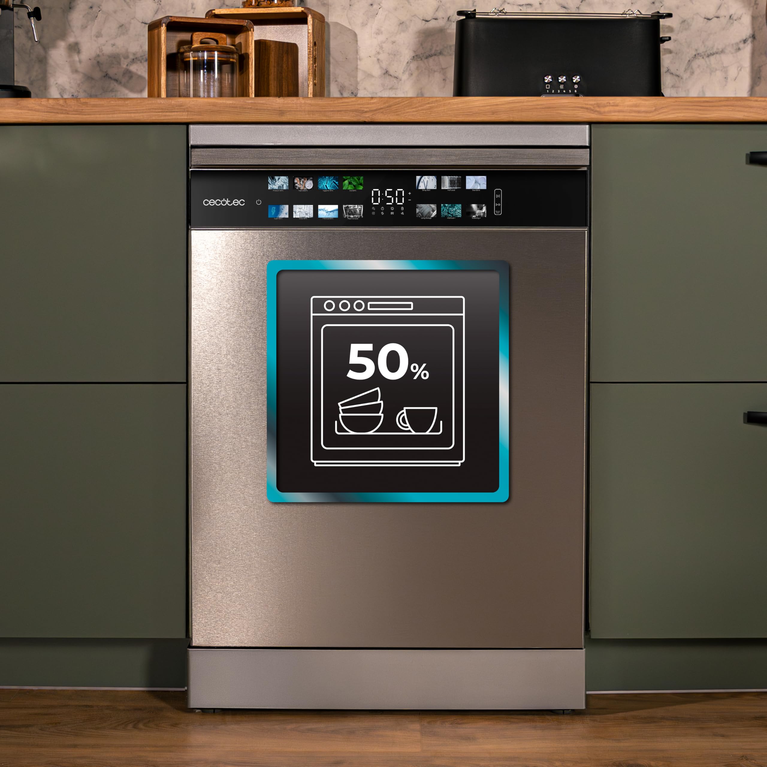 Cecotec Lavastoviglie da incasso Bolero Aguazero 6700 Inox B.60cm, 15 coperti, Classe B, Motore Inverter Plus, Display Color, 14 programmi, O2 Dry, Turbo Dry+, Dual Zone, Vassoio regolabile, AutoClean