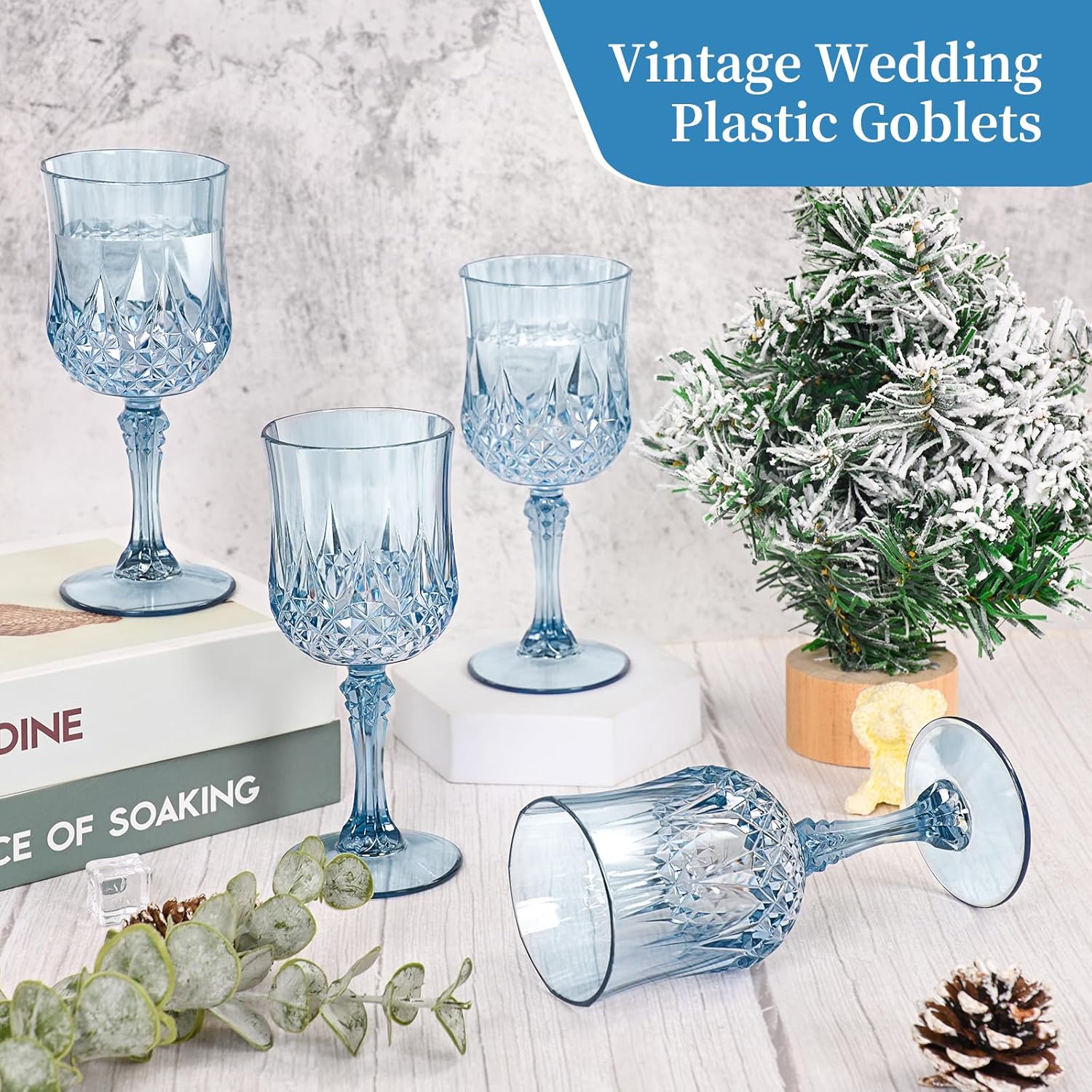 48 Pack Dusty Blue Plastic Wine Glasses, Vintage Plastic Goblets for Parties, Drinking Glasses Unbreakable Glassware Crystal Water Goblets Reusable Drinkware for Wedding Reception Grand Event Party