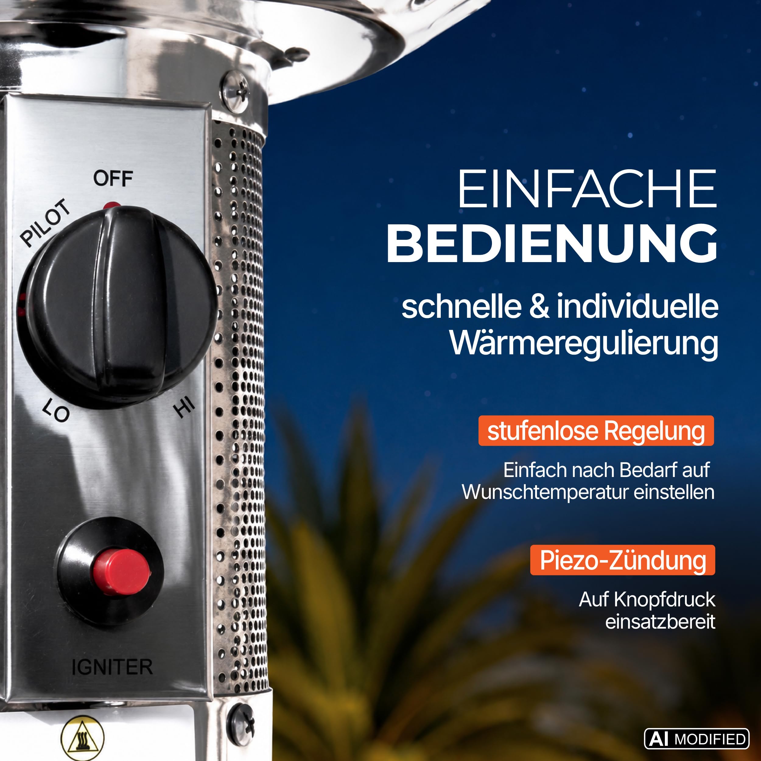 Lemodo Heizpilz 14 kW, Gasheizstrahler mit Piezo-Zündung, stufenlos regulierbar, mit Rädern und Umkippsicherung, für Terrasse, Garten, Sitzgruppen und Außenbereiche, geeignet für Gasflaschen bis 11 kg