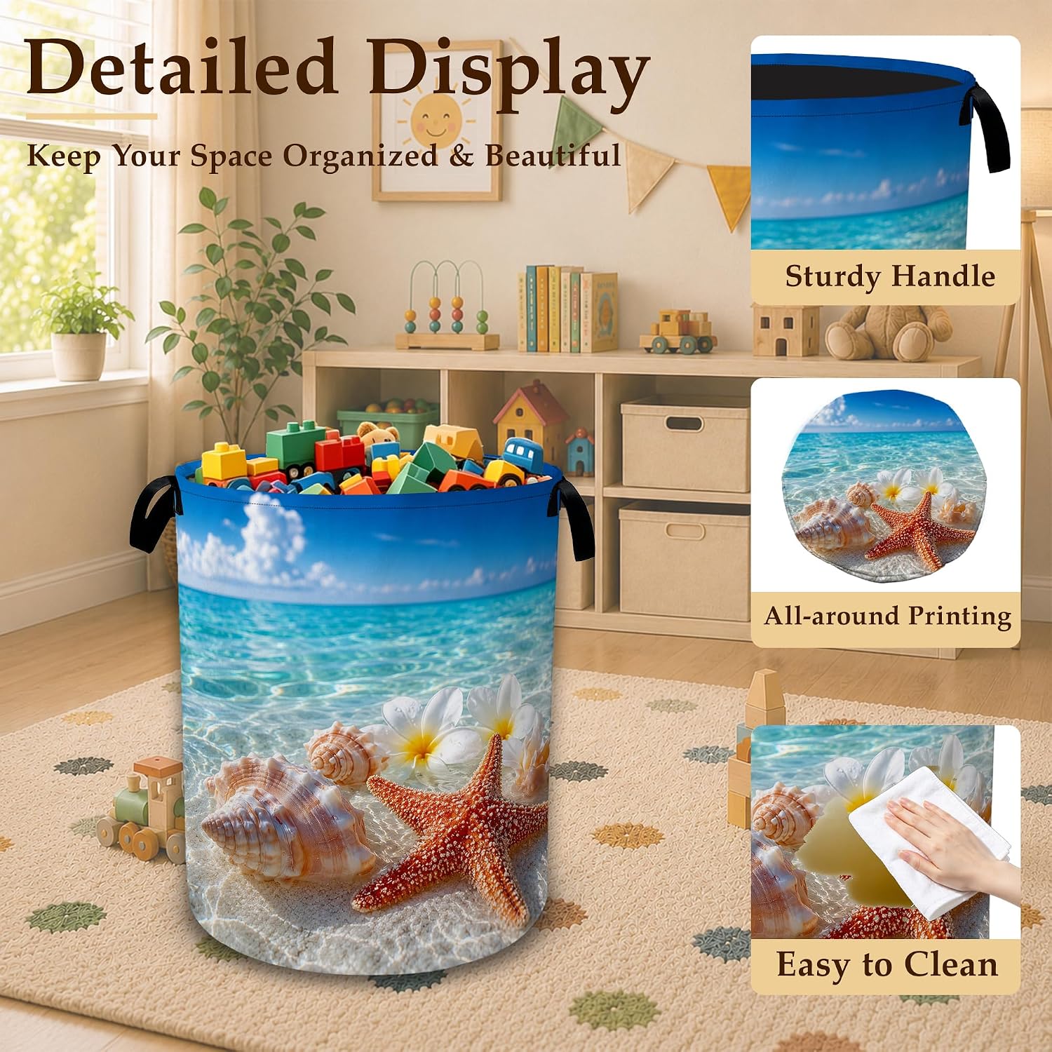 Seashell Starfish Beach Laundry Basket with Handles, Foldable Tall Oxford Clothes Hamper, Lightweight Water-Resistant Storage Bin for Bedroom Bathroom College Dorm, 16 x 20.8 Inch