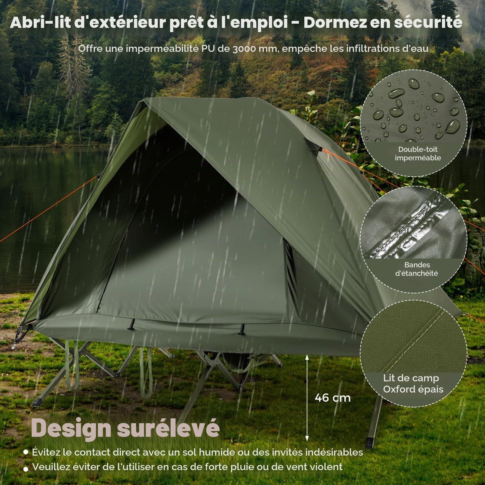 FANTASK Lit de Camp avec Tente pour 2 Personnes, équipement de Camping avec Housse de Pluie, 2 Portes en Filet, fenêtre de Toit et Sac Roulant, lit d'hébergement utilisable en Plein air, jusqu'à 300