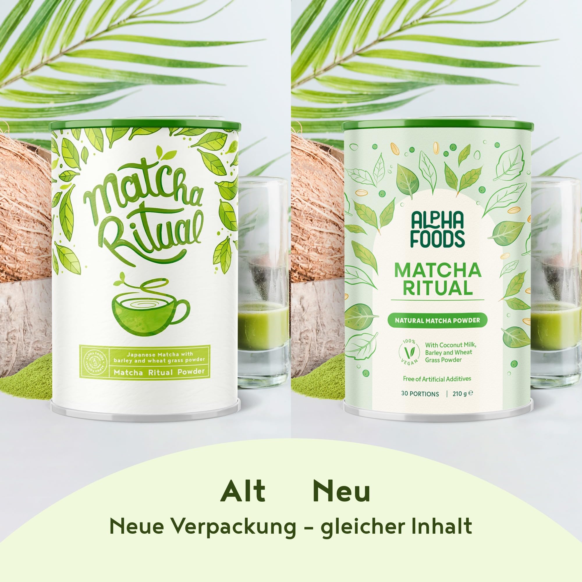 Alpha Foods Matcha Latte Pulver, vegan, 25% japanischer Zeremonien-Matcha Ritual mit Kokosnussmilch-, Gersten- und Weizengraspulver, für Smoothies, Shakes und Tee, 210g, 30 Portionen, Macha Powder
