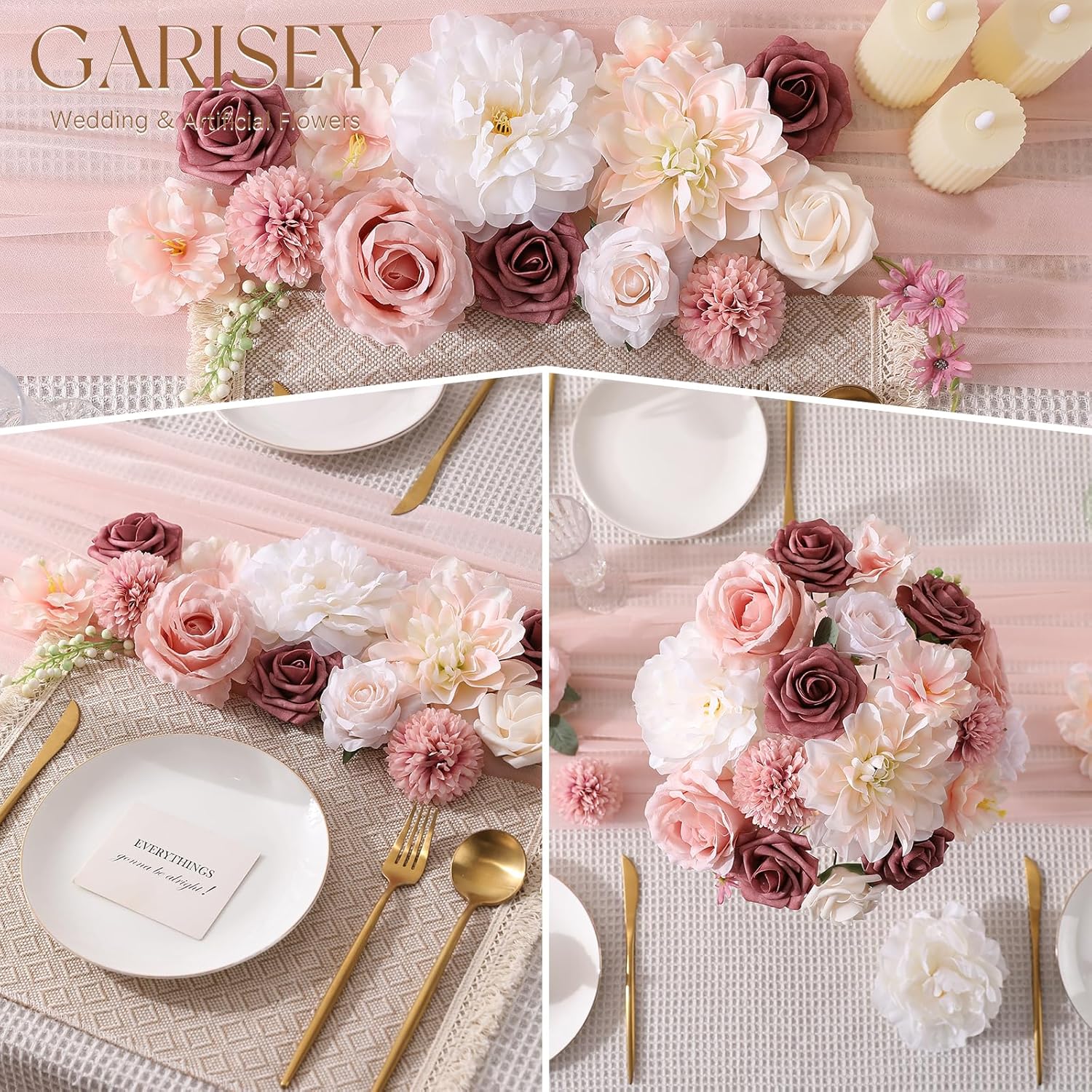 Garisey Artificial Flowers Combo, Mix Silk Flowers Roses, Peonies, Dahlias with Stems for DIY Wedding Bridal Bouquets, Baby Shower, Table Centerpieces, Home Decor, Fake Floral Arrangements-Blush Pink