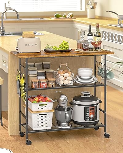 Miniatura 8 de Isla de cocina con 3 estantes, carrito de cocina rodante con 6 ganchos y estante protector, soporte de microondas con ruedas bloqueables, estante