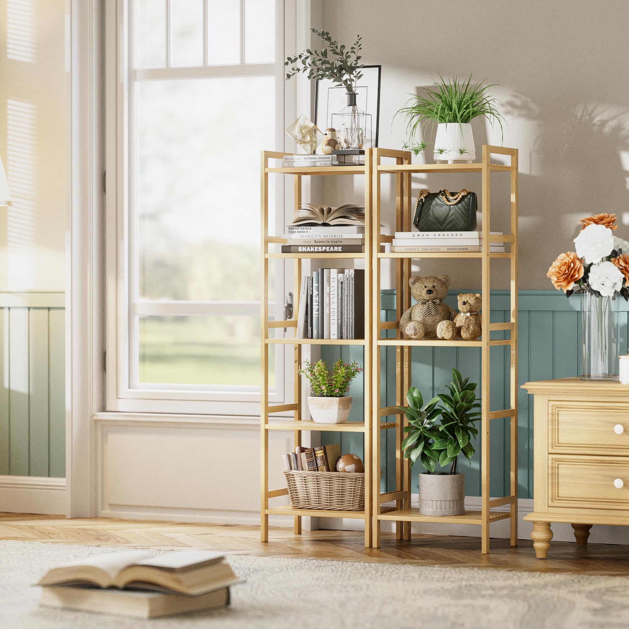 HITNET 5-stöckiges Bambus-Bücherregal - Hohes schmales Regal mit verstellbaren Böden, Freistehendes Aufbewahrungsregal für Wohnzimmer, Badezimmer & Küche, Naturfinish