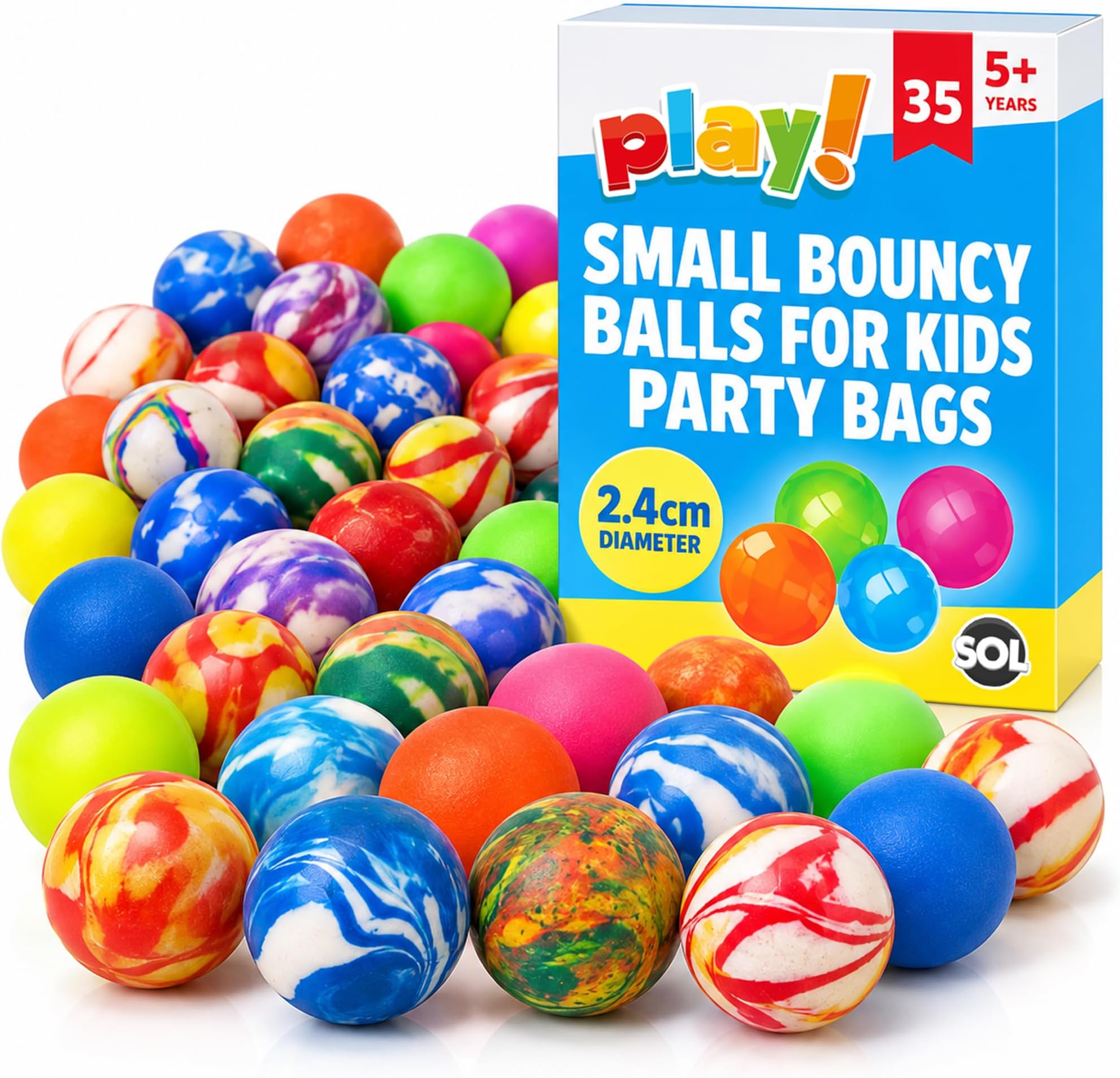SOL 35pk Small Bouncy Balls for Kids Party Bags - 2.4cm Rubber Balls