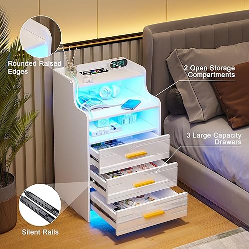Miniatura 7 de HNEBC Juego de 2 mesitas de noche LED, mesita de noche inteligente con estación de carga inalámbricapuertos USB, mesita de noche con 3 cajones,