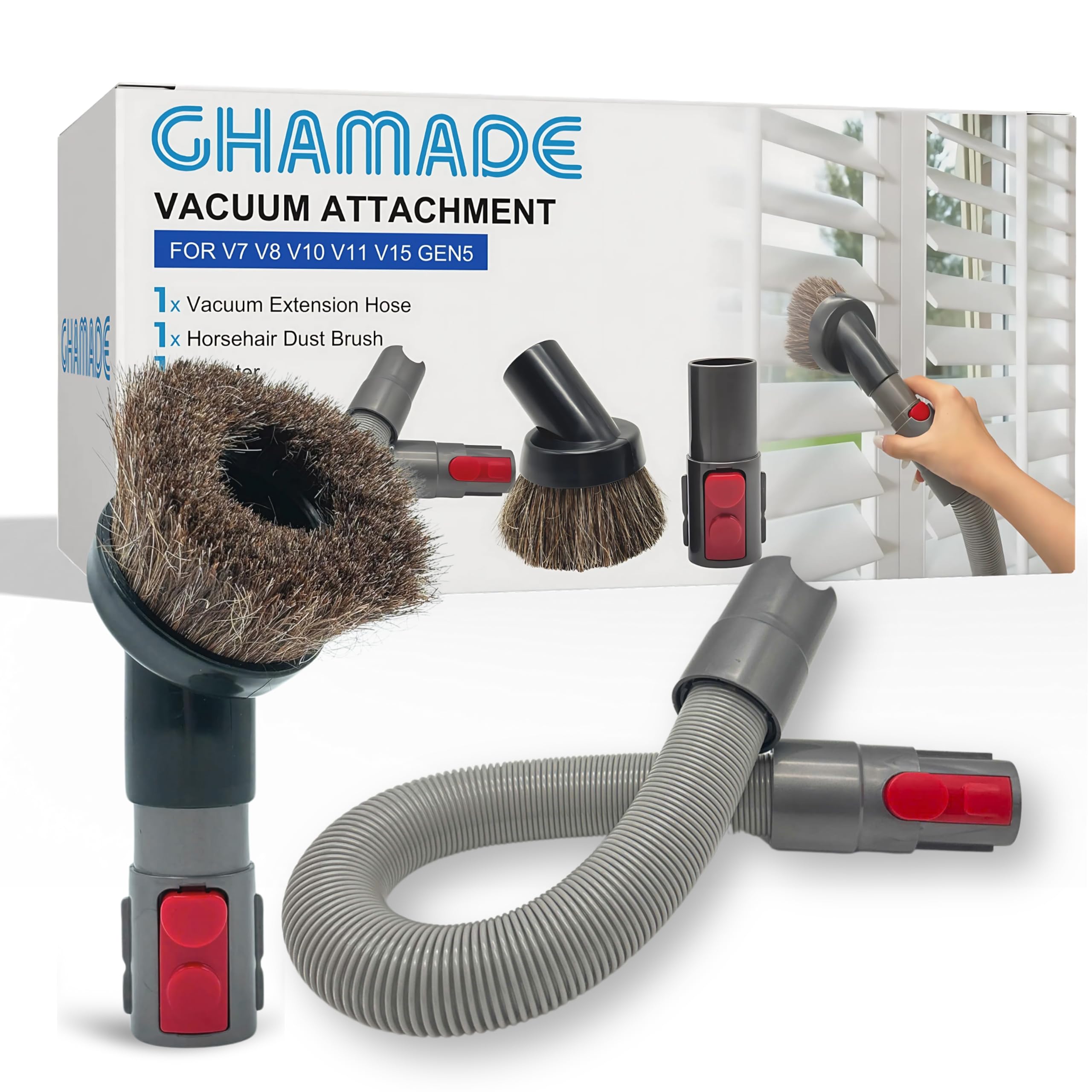 For Dyson Horsehair Vacuum Brush & Extension Hose – Compatible with Dyson V7 V8 V10 V11 V15 Gen5 – Soft Bristle Dusting Brush for Blinds, Furniture, & Delicate Surfaces – Quick Release Attachment