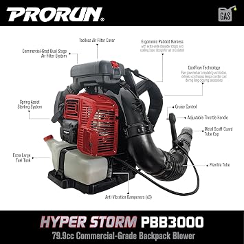 PRORUN PBB3000 Gas Backpack Leaf Blower, 79.9cc Commercial-Grade, 250 MPH, 1125 CFM, 50N, 2-Cycle Engine