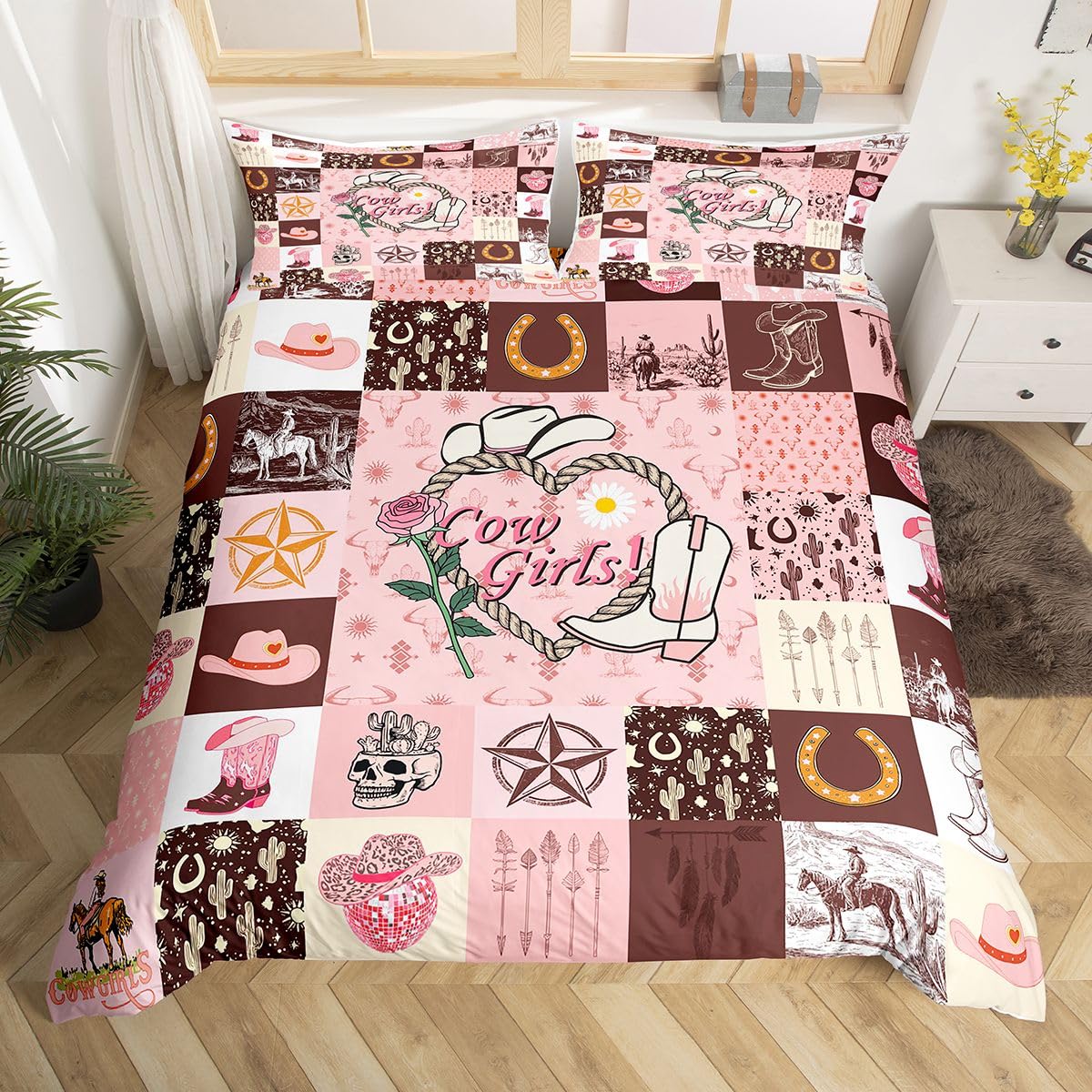 Cowgirls Duvet Cover Queen Romantic Western Bedding Set For Women Boho Arrows Feather Rose Bull Skull Cowgirl Hat Comforter Cover American Horseshoe