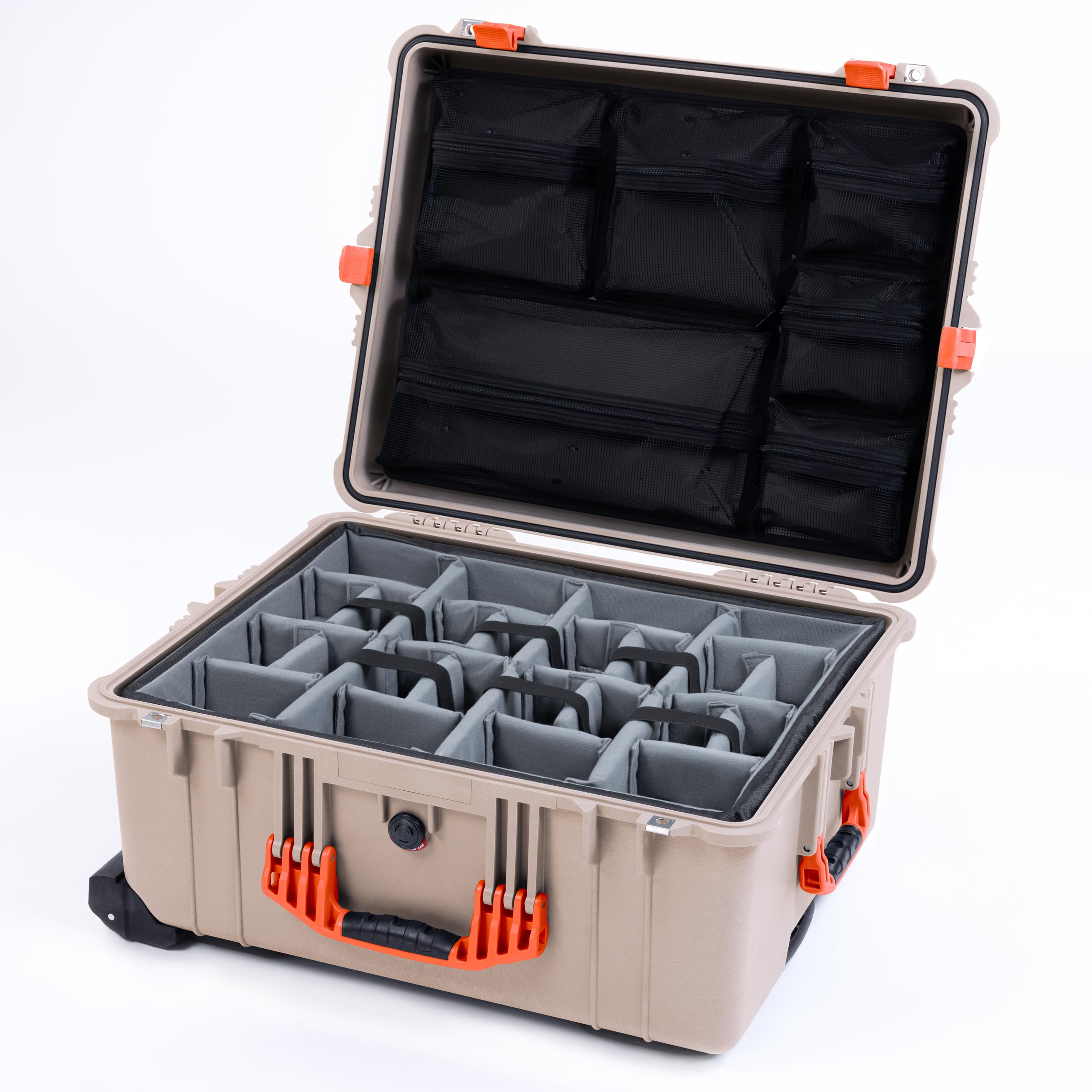 Pelican 1610 Case by ColorCase - Desert Tan - Large Sized Waterproof Case with Gray Padded Dividers & Mesh Lid Organizer - Orange Handles & Latches