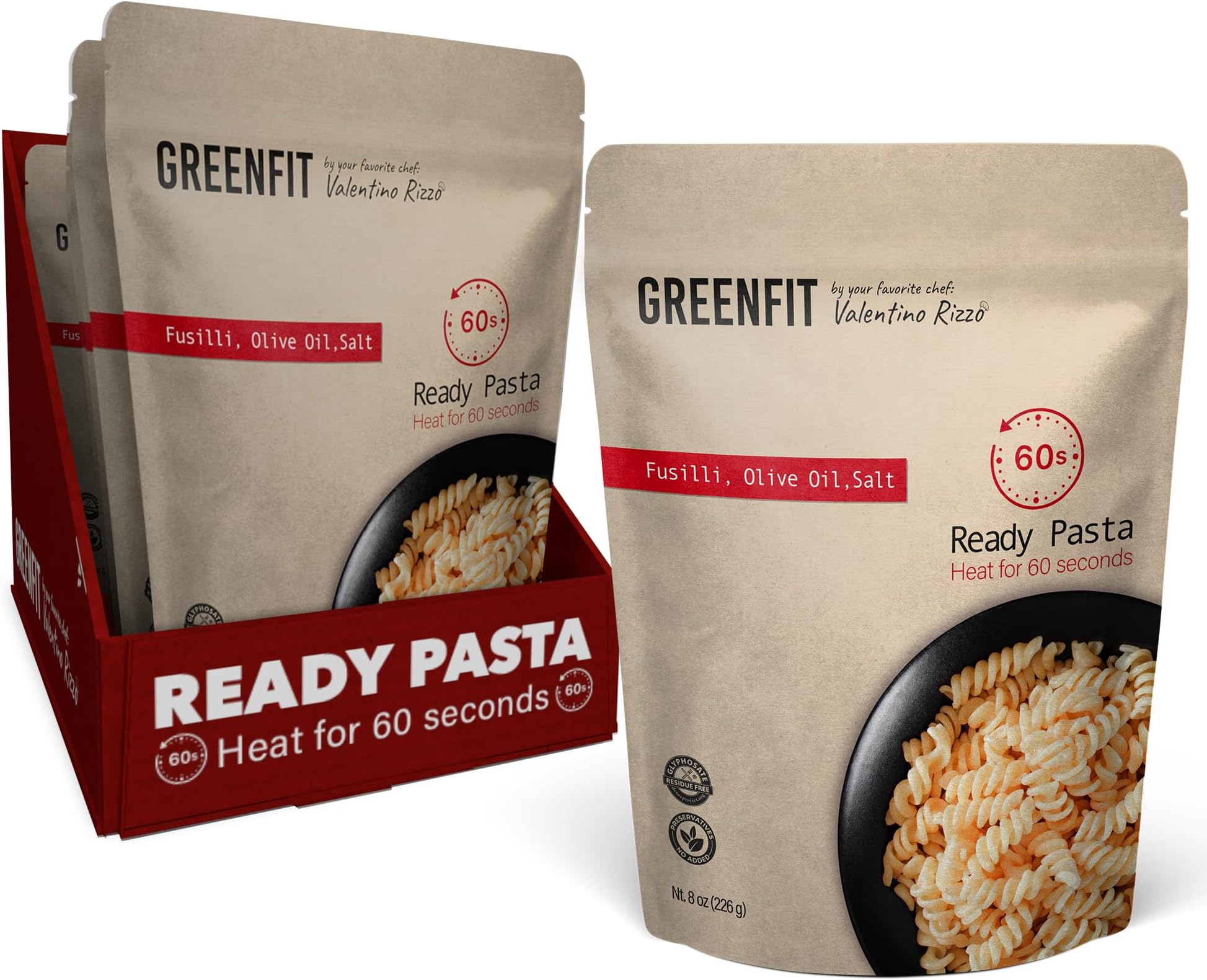 PREMIUM READY TO EAT PASTA | Simple, Clean ingredients | Microwavable | Fusilli Shape | Greenfit By Chef Valentino Rizzo | Glyphosate Free | (8 Ounce - Pack of 6)