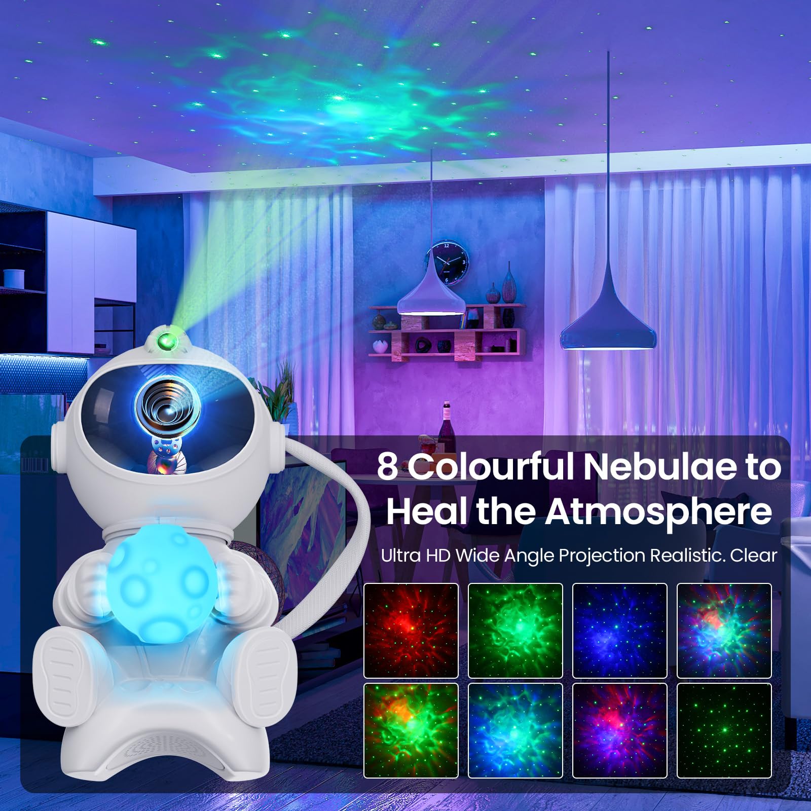PKBD Haut-Parleur Bluetooth Intégré Astronaute Projecteur Ciel Étoile 8 Effets Nébuleuse LED Chambre Veilleuse Lampe Enfant Décoration Galaxie Projection Plafond Ambiant Lumineux- Lune