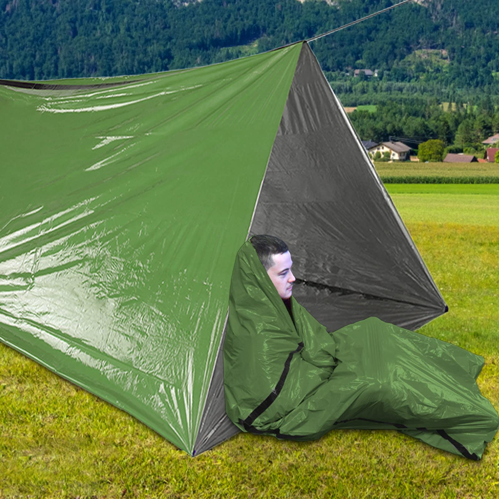 Kielsjajd Notfall Überleben Zelt, Notfallzelt Notzelt mit Seil Schlafsack Biwak Sack Erste Hilfe Rettungsdecken Wasserdicht Notfalldecke Ultraleicht Hitzeabweisend Kälteschutz für Outdoor Sport & Freizeit