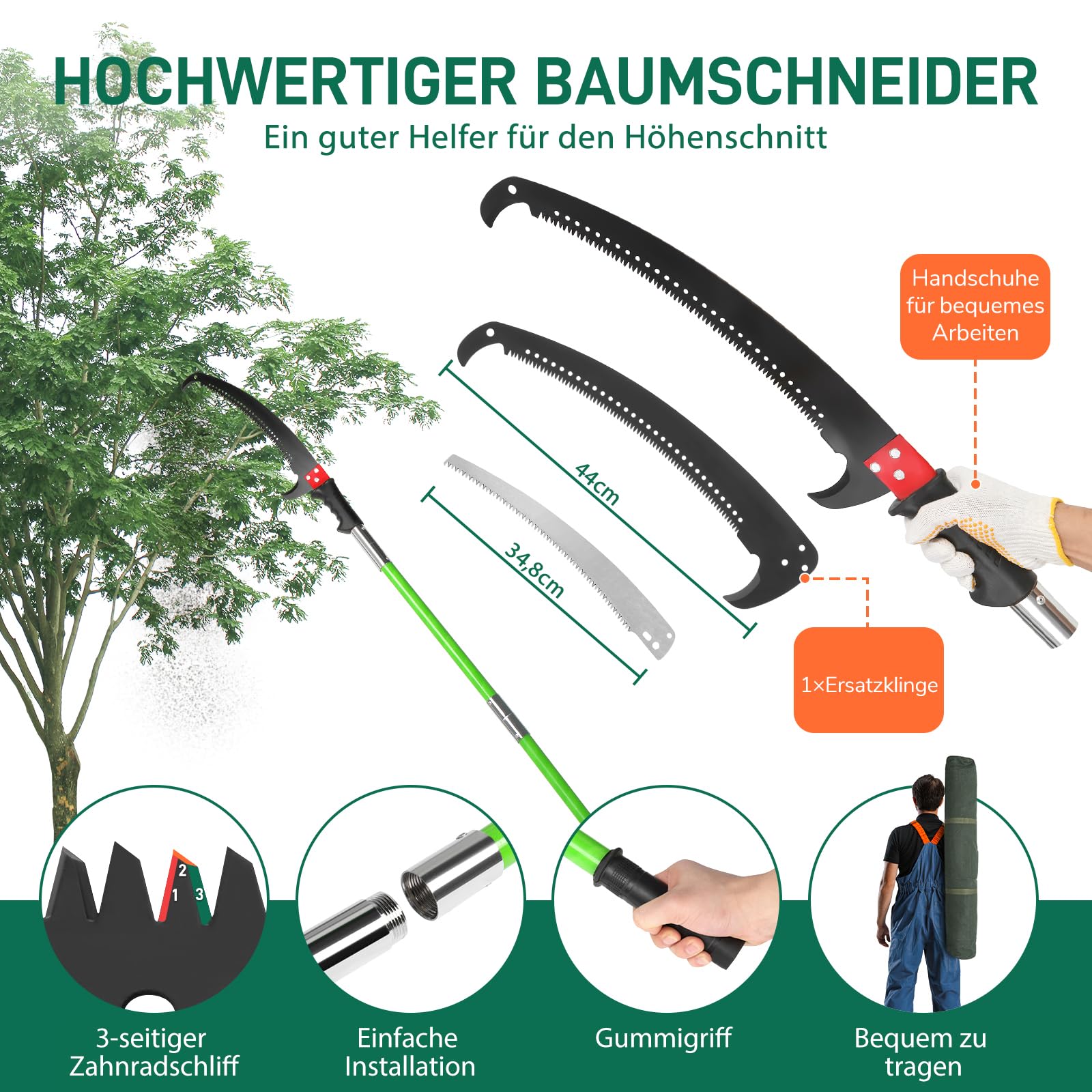 LEADZM Astschere Teleskop 2-8 m | Hochleistungs-Baumsäge für hohe Äste | astsäge mit Tragetasche & scharfem Sägeblatt | Schnell verstellbar, rostfrei & leicht | Ideal für Palmen, Gartenschnitt
