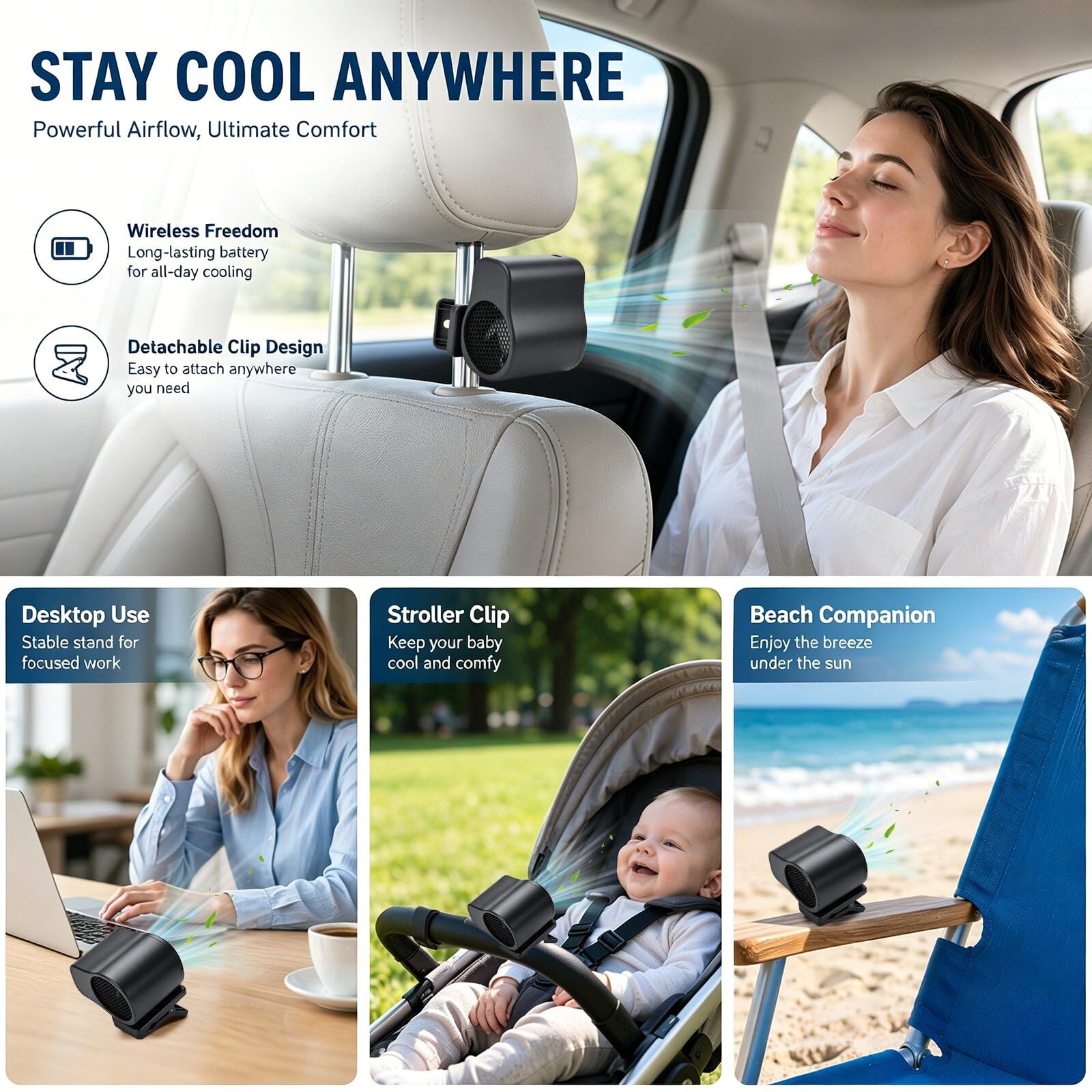 xinrongda Condizionatore d'aria portatile con clip per auto, con display a LED, rotazione a 360°, 199 velocità regolabili, ricaricabile tramite USB, ventilatore per auto, casa, ufficio e scrivania