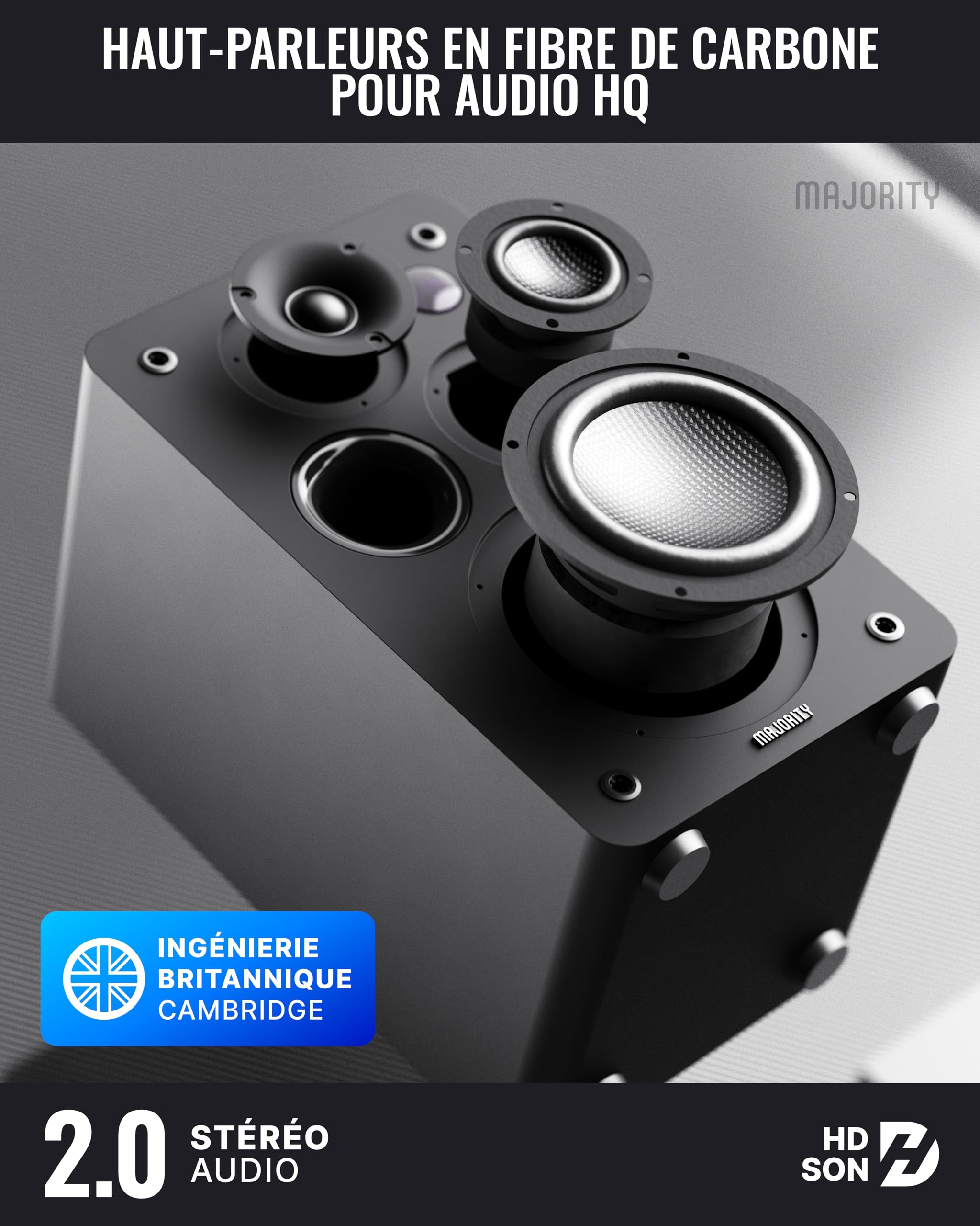 Majority D100X Enceintes Bibliotheques Active | Enceinte HiFi Système Stéréo 2.0 | 100W | Bluetooth 5.3 | HDMI Arc, Phono, RCA & AUX | TV, PC & Platine Vinyle (Noir)