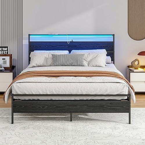Miniatura 10 de Base de cama de tamaño King con cabecera de almacenamiento/luces LED, base de cama King con estación de carga, marco de cama negro, no necesita